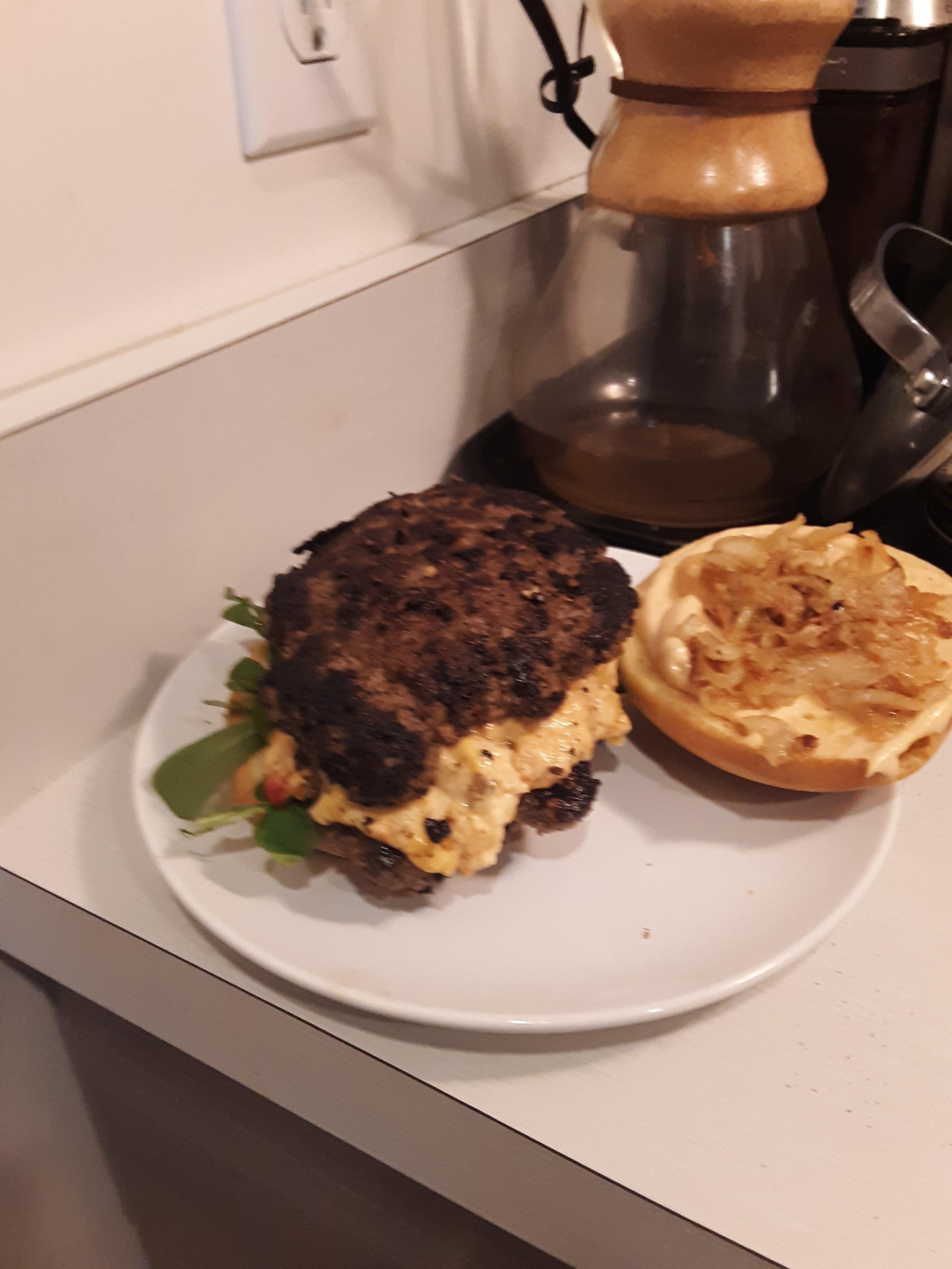 Smash burger double decker with pimento cheese, kenji's fry sauce