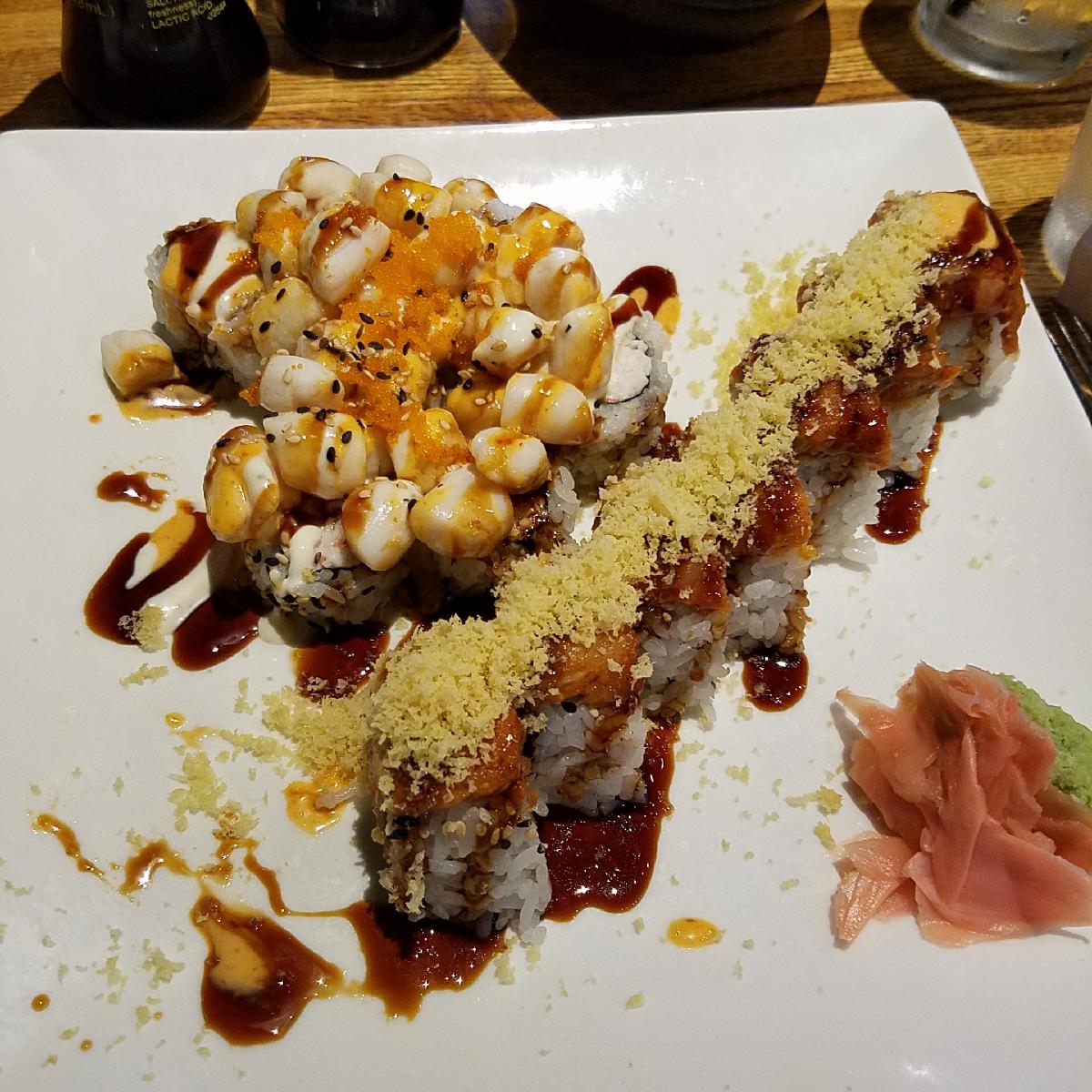 Volcano Roll and Spicy Crunchy Roll at Wasabi in Fayetteville, AR. r