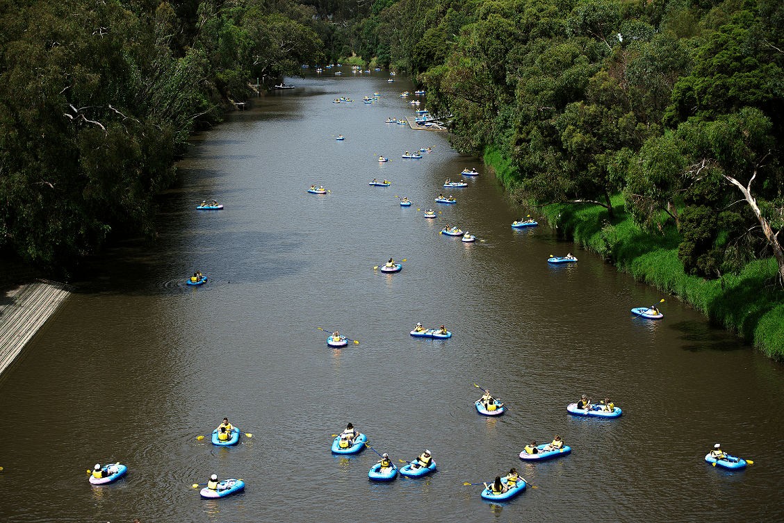 Some of the 1000 inflatable boats on the Yarra River in Melbourne for a