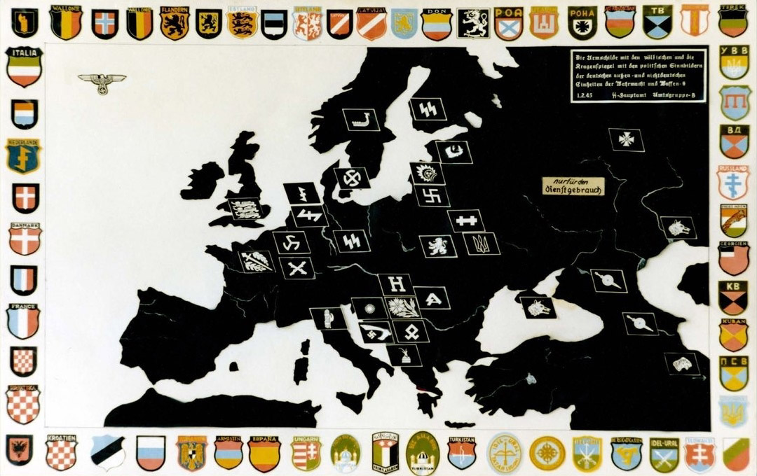 Map showing the shields and collar insignia of WaffenSS divisions and
