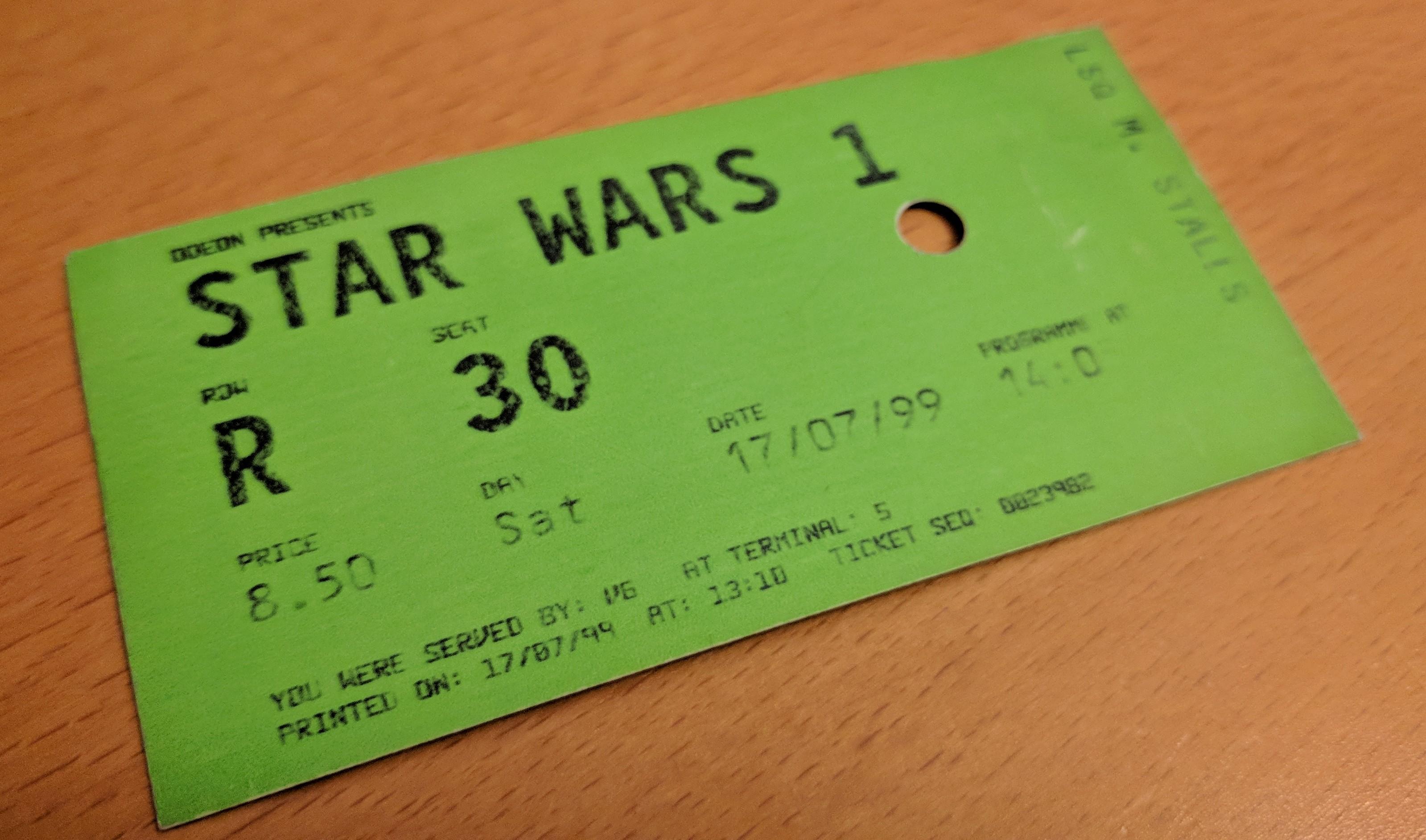 Star Wars 1 Premiere Ticket Stub from July 1999 Odeon Leicester Square