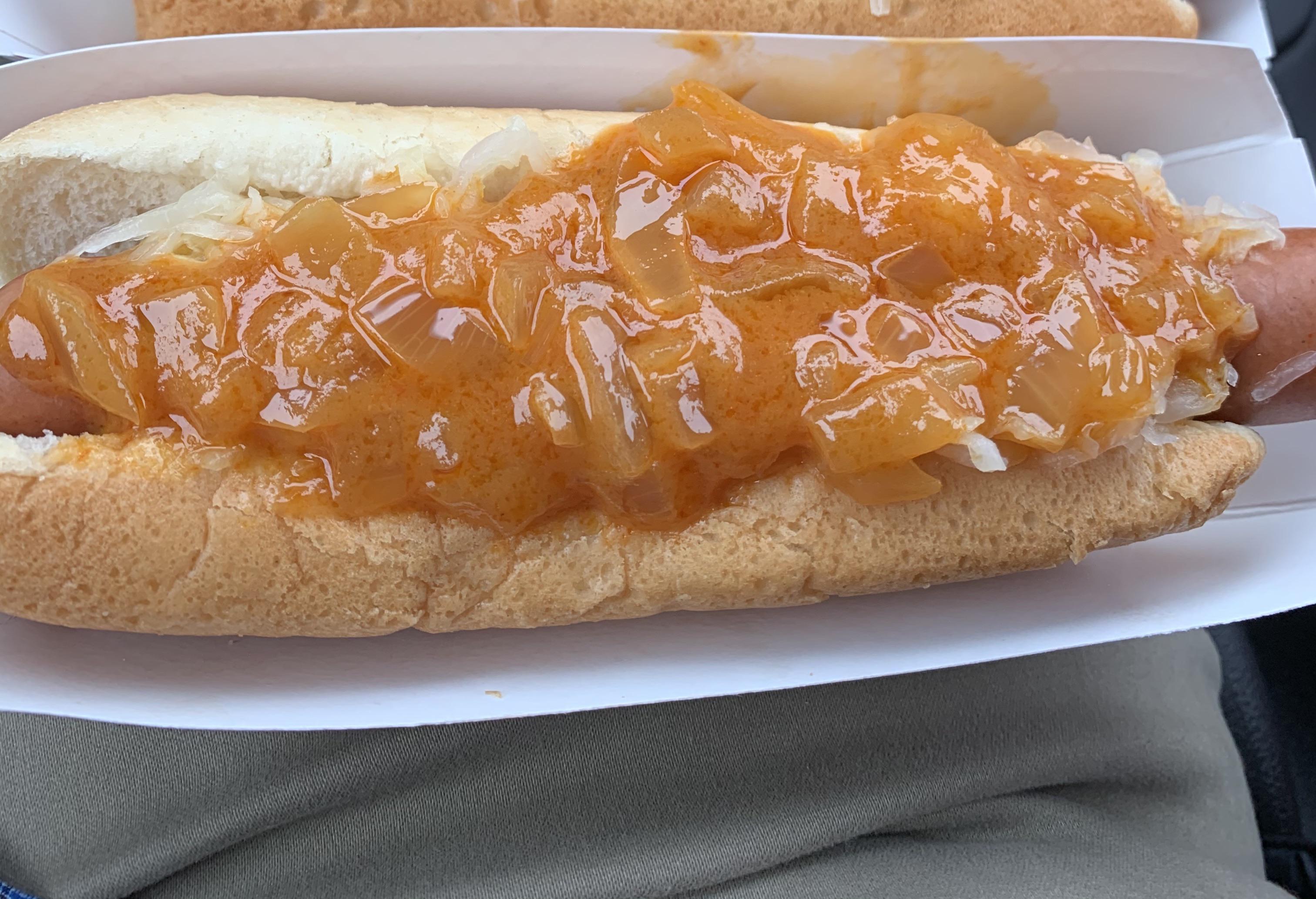 This onion sauce was magnificent on the Sabrett dirty water dog! r