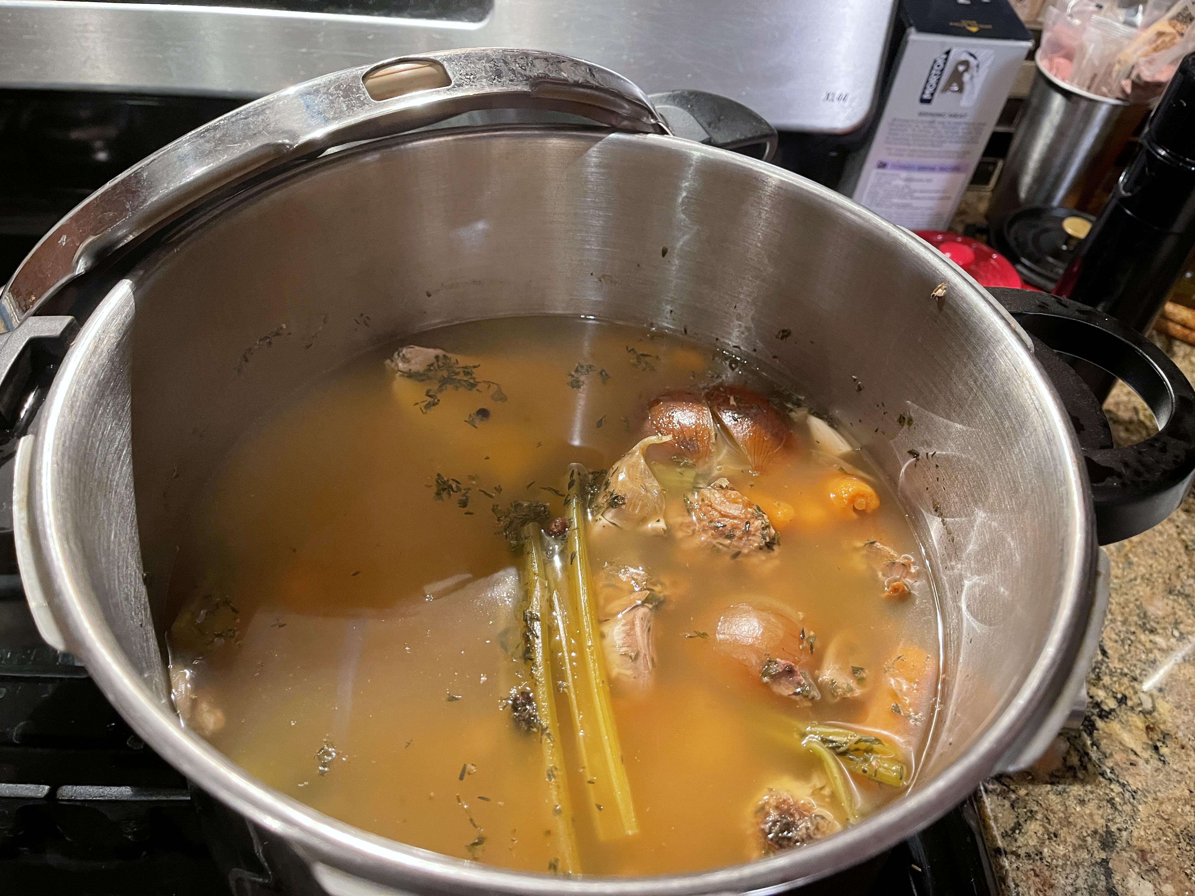 [Homemade] 3hour pressure cooker turkey stock with the carcass from a