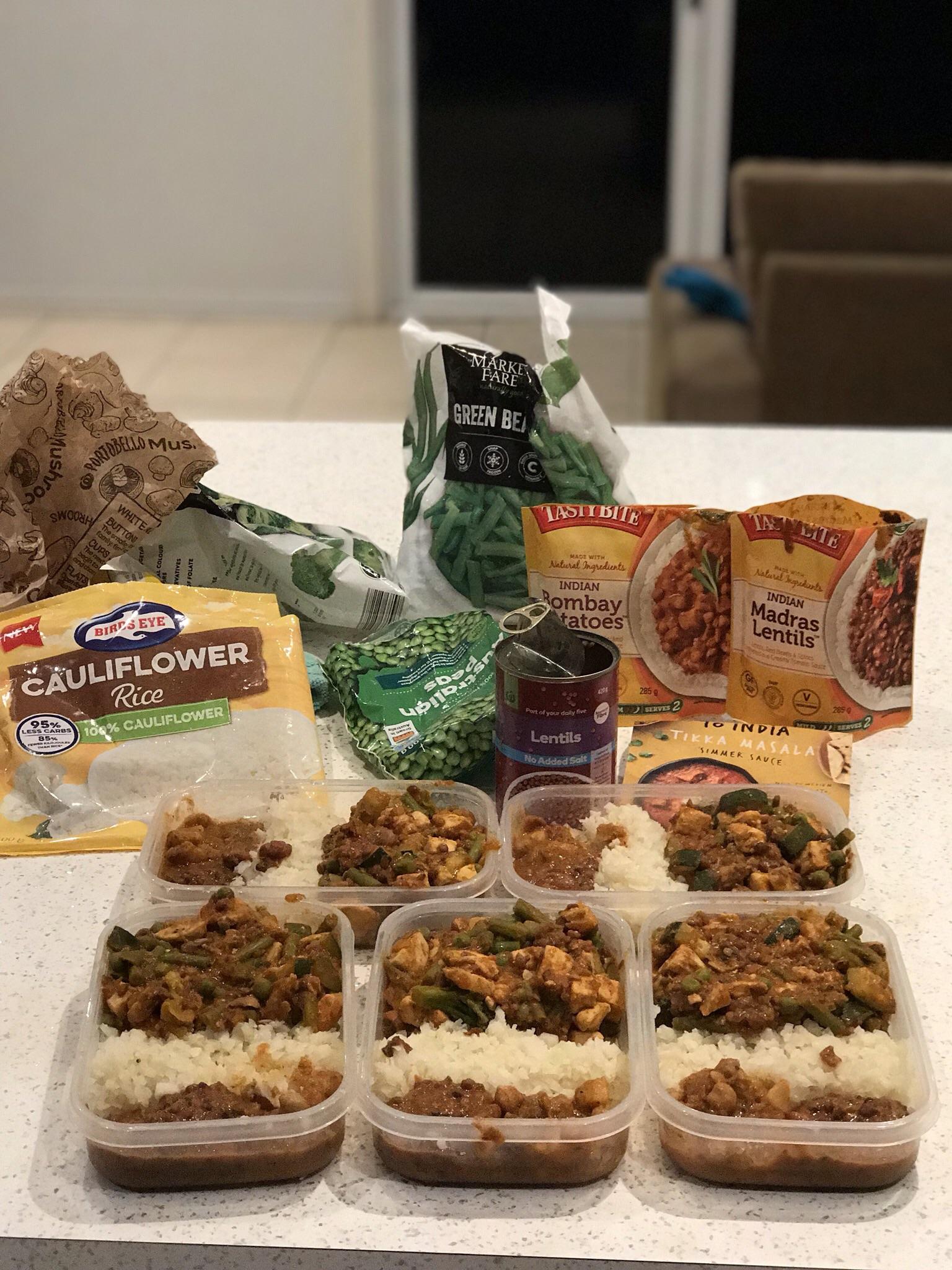 375 calories per serve. Chicken tikka, cauliflower rice, madras lentils