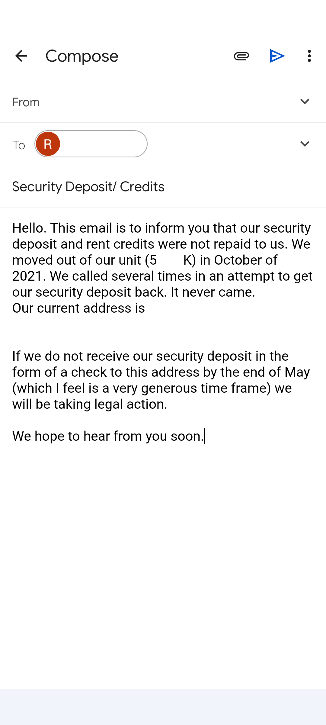 IA is this an ok email to send to my former landlord? deposit + credits