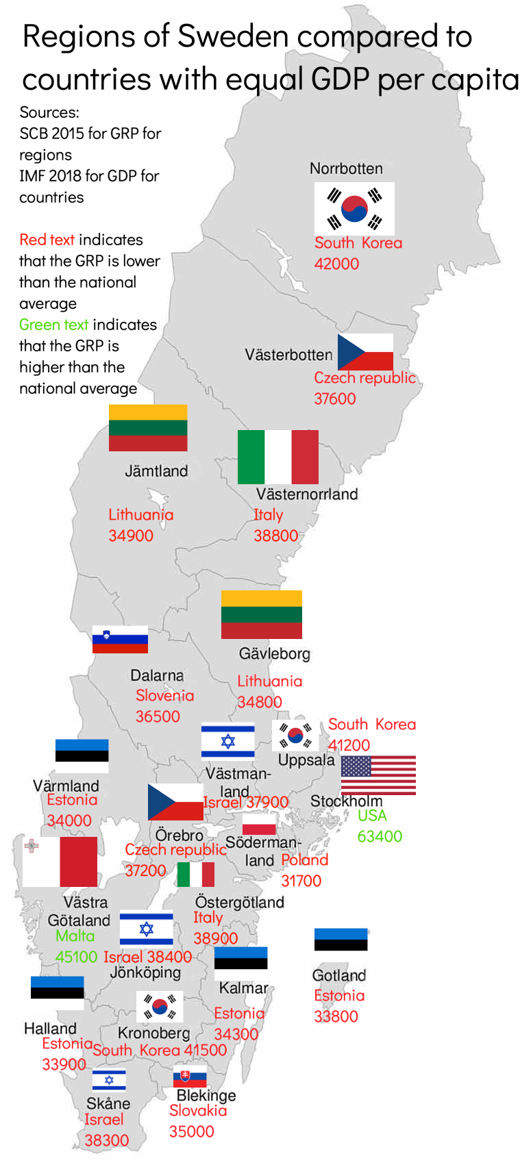 Regions of Sweden compared to countries with roughly equal GDP per