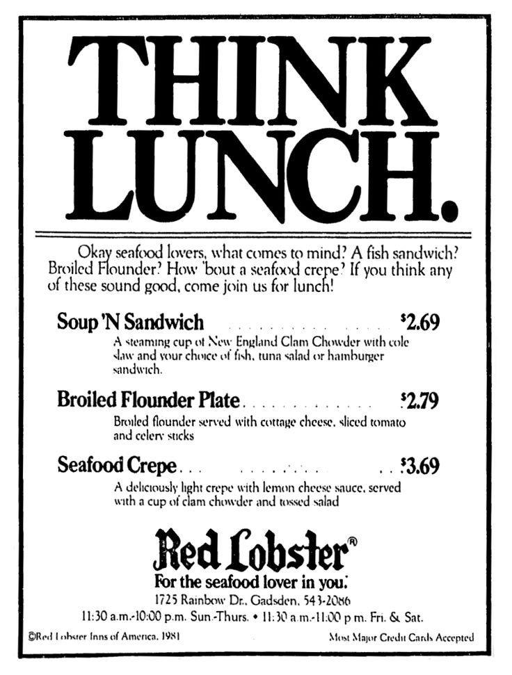 Red Lobster lunch specials July 1981 r/VintageMenus