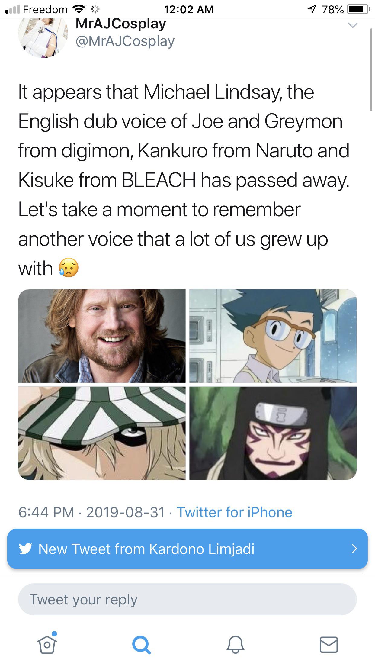 Rest In Peace Michael Lindsay ! naruto bleach anime digimon r/Naruto