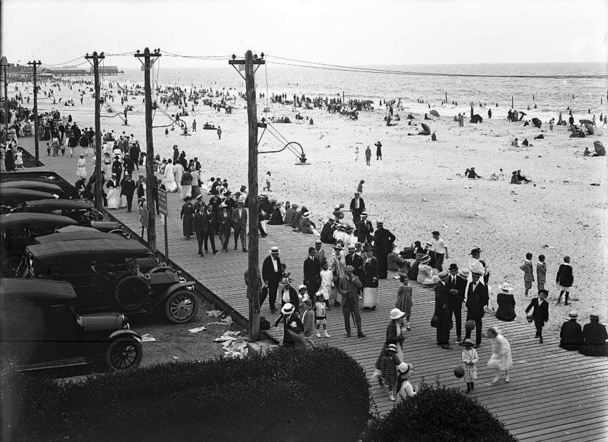 1915 View of boardwalk and beach from Curley’s Hotel in Belle Harbor