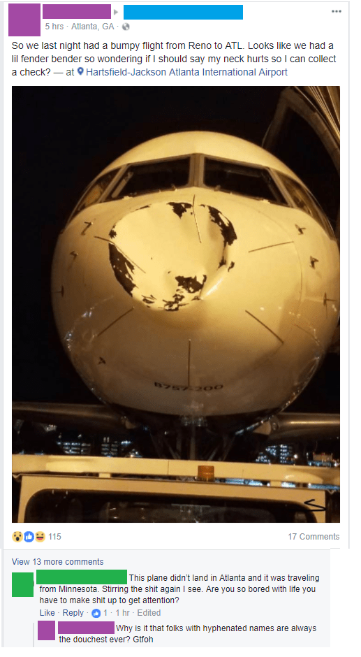 This Guy claims his flight from Reno to Atlanta hit something midair