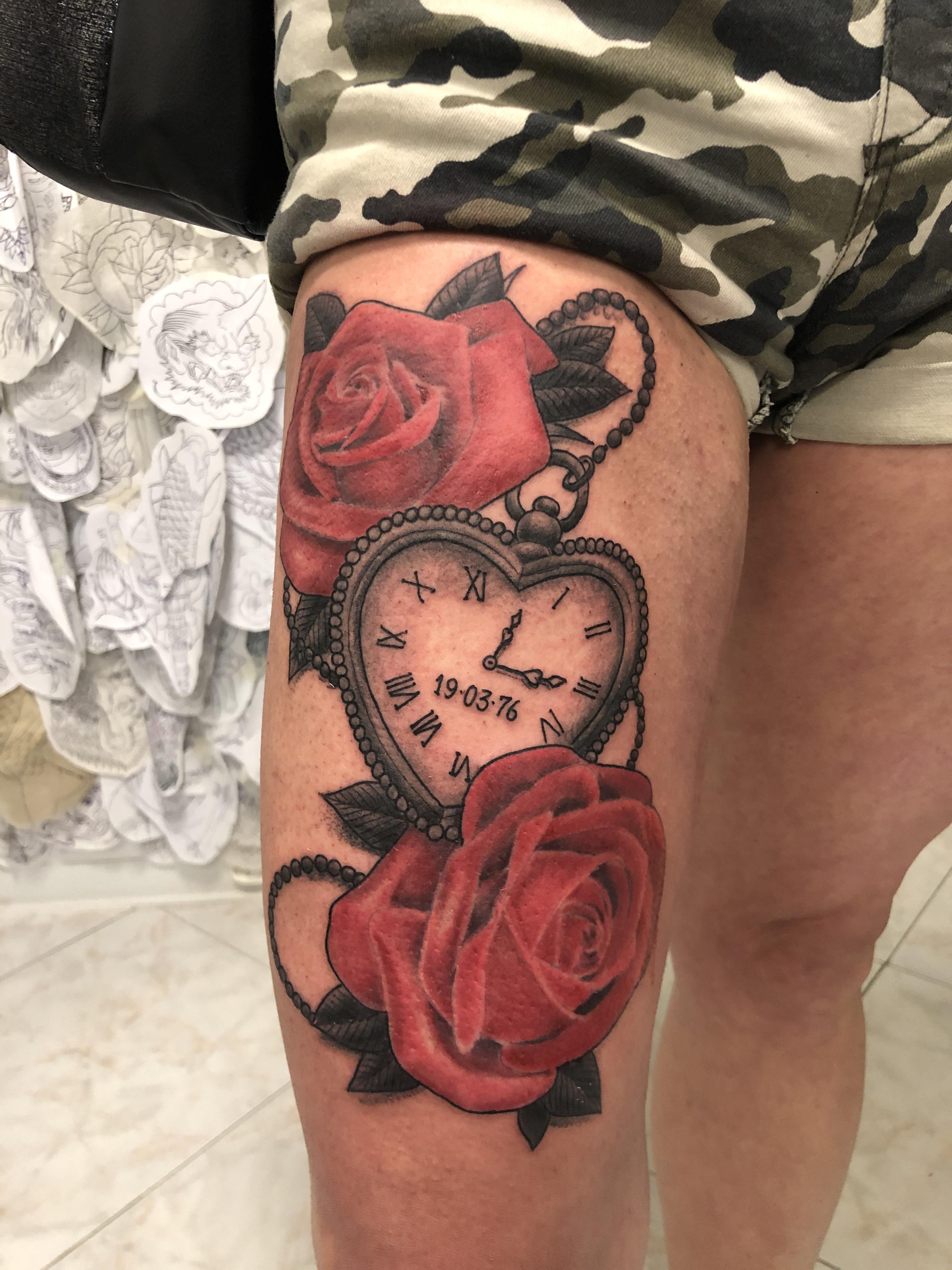 Heart shaped watch and roses tattoo done by me ig frankietsts at my