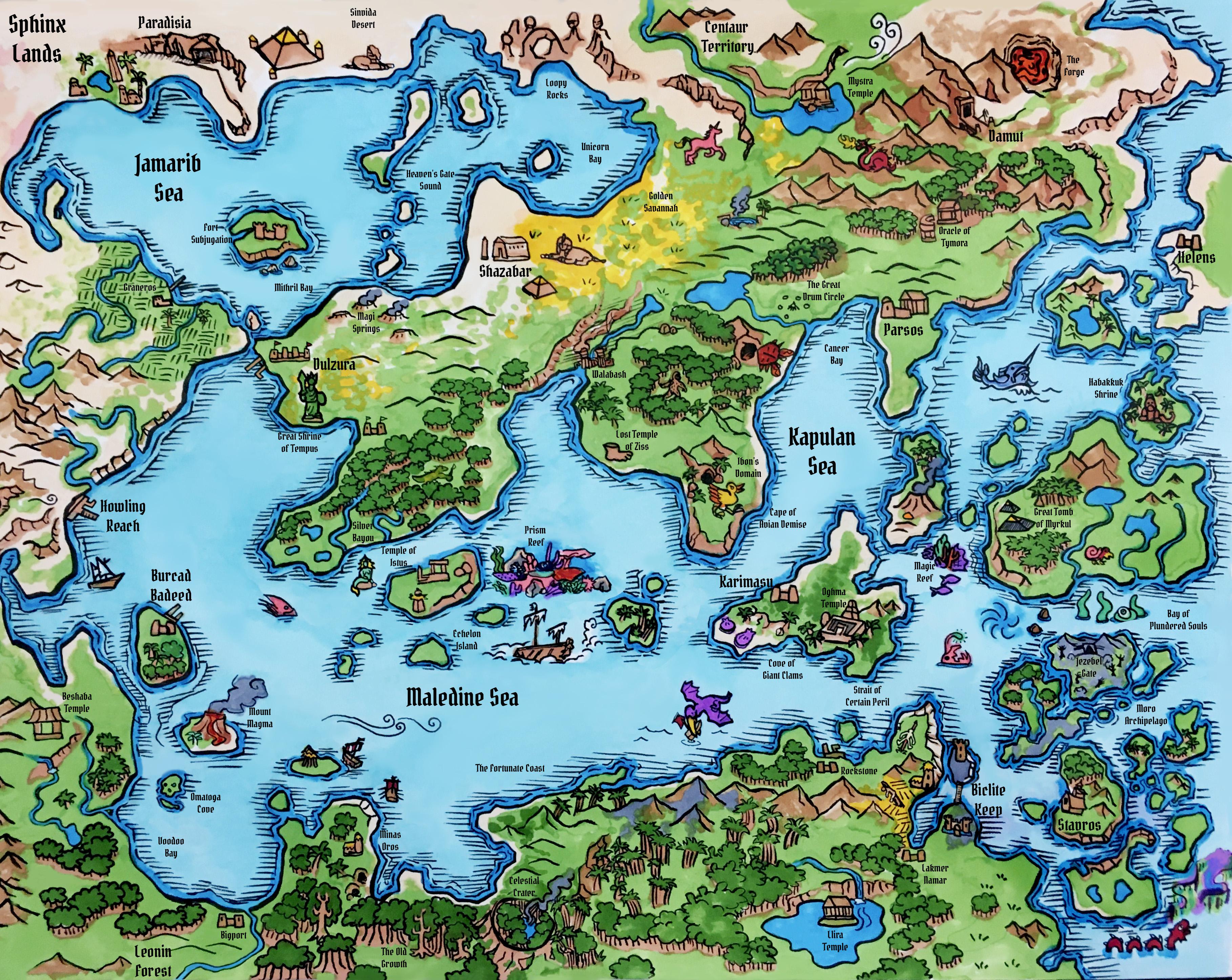 Map of my DnD world "The Green Seas," a bronzeage piracythemed