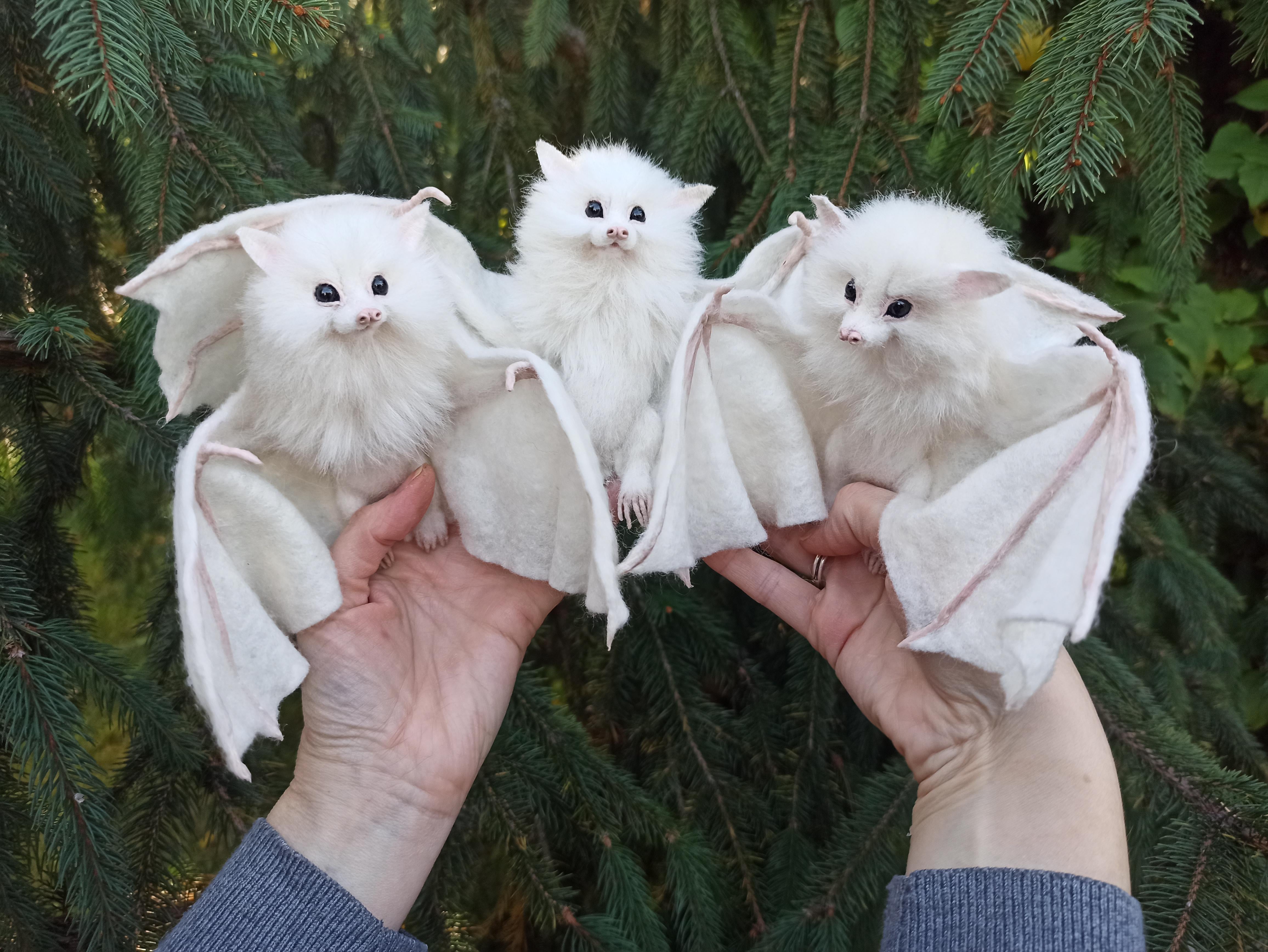 Here are three needle felted white bats )