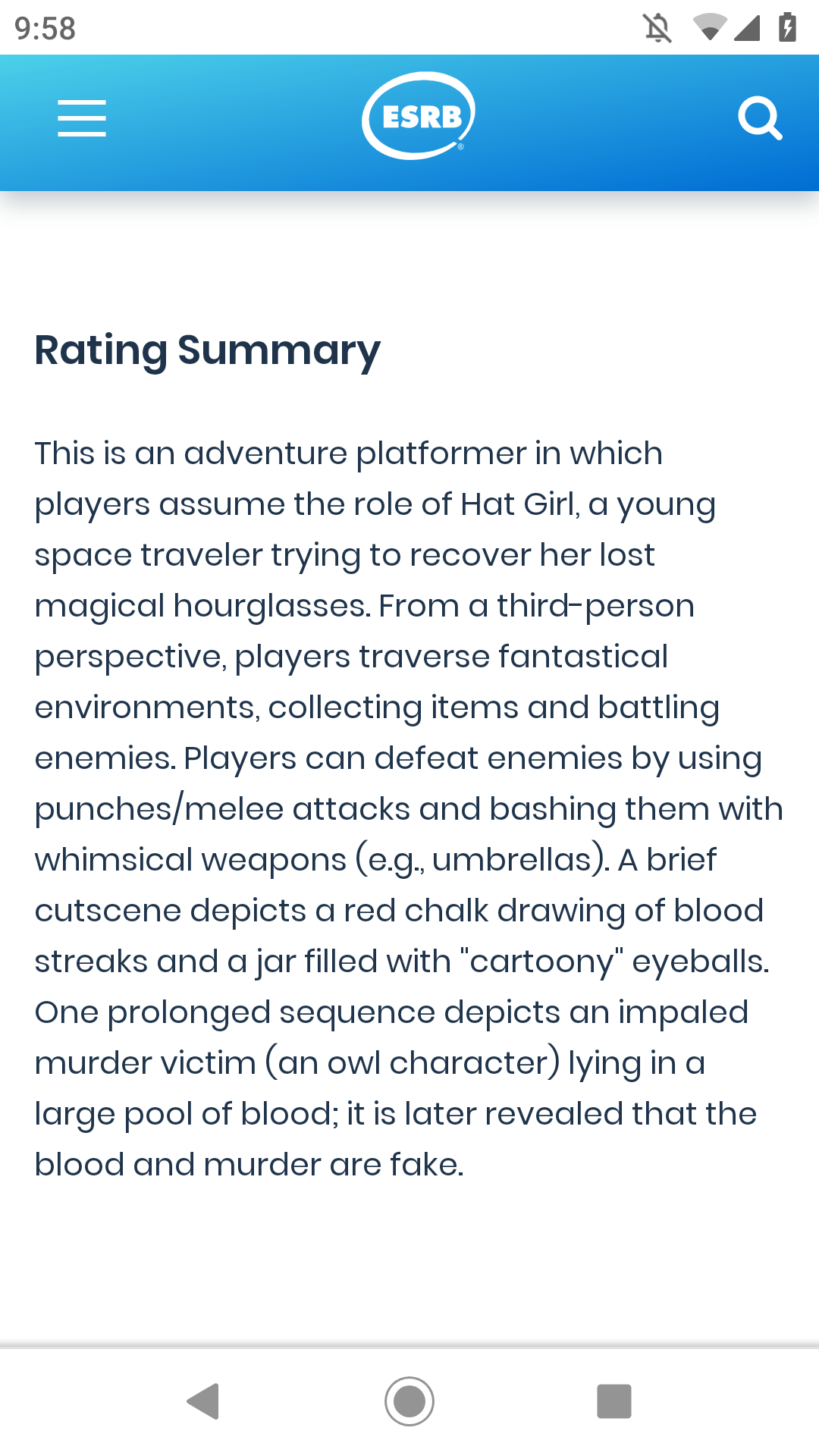 The ESRB summary for A Hat in Time justifying why the game has a T