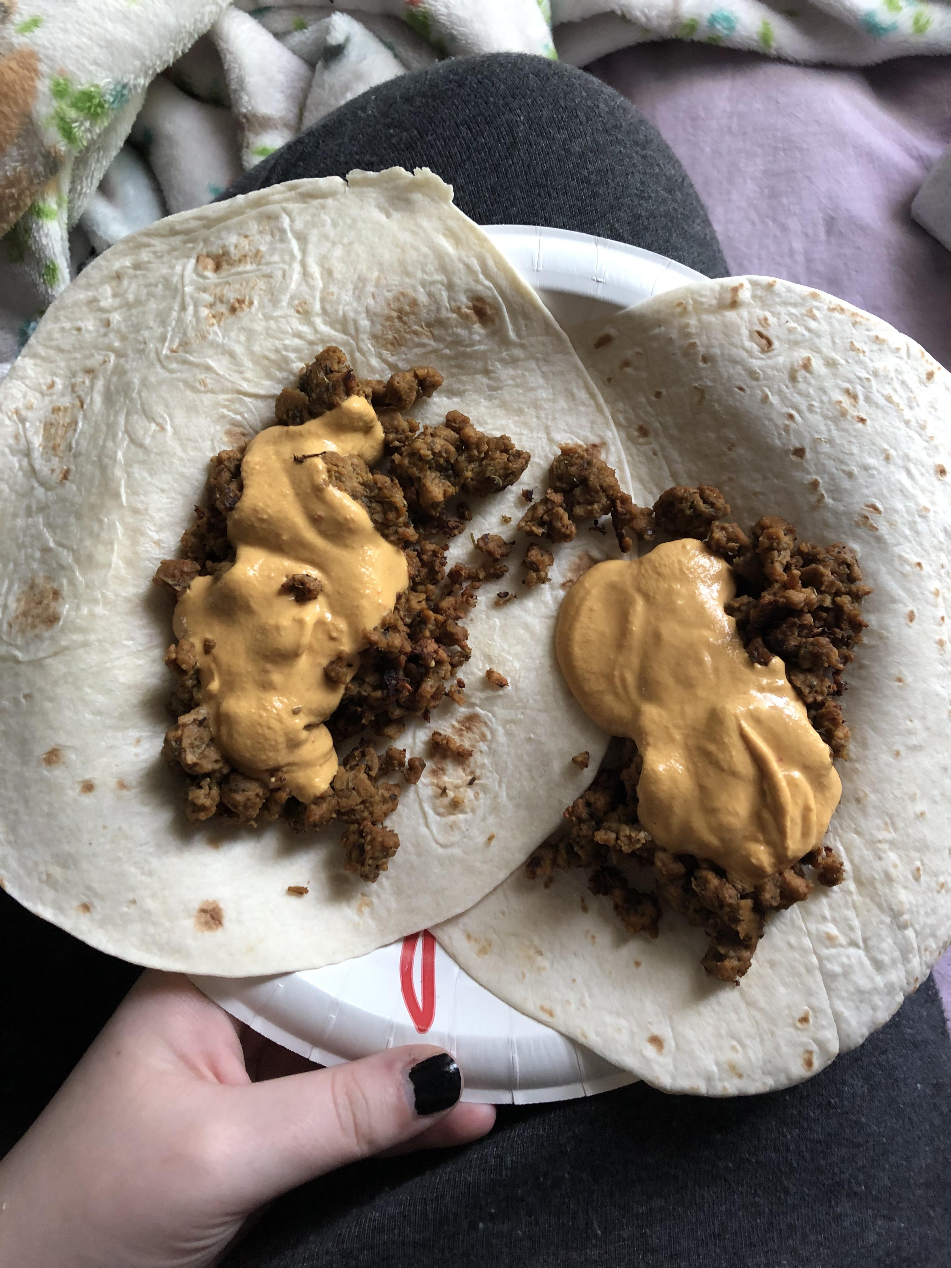 Chorizo seitan, vegan queso, flour tortillas. This slaps. r