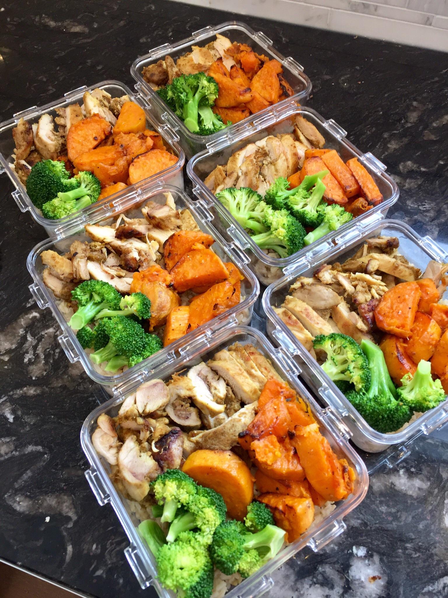 Curry yogurt chicken with brown rice, sweet potatoes and broccoli r
