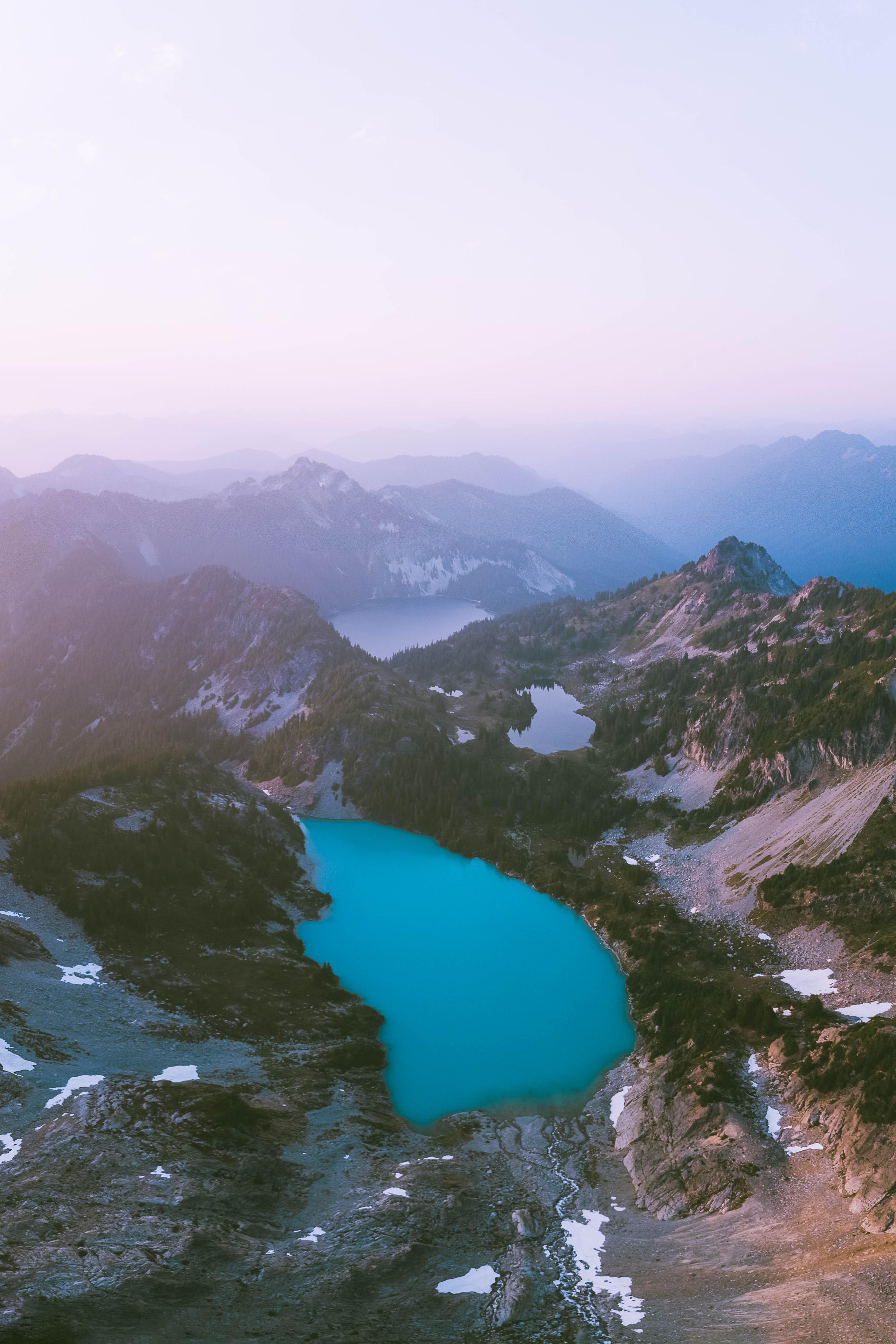 Looking down on a chain of beautiful lakes surrounded by layers of