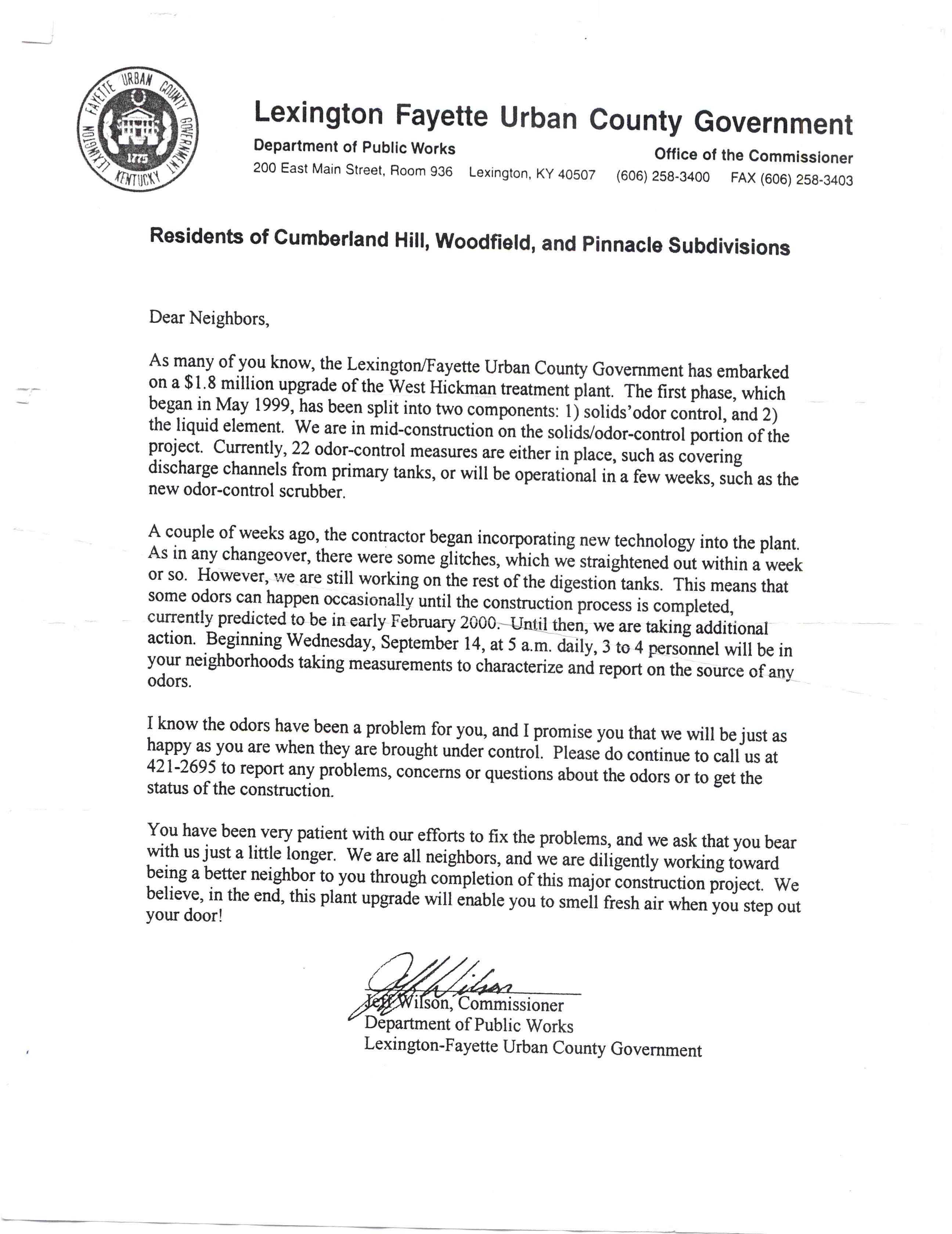 An update on the odor issues on Tates Creek Road from the West Hickman