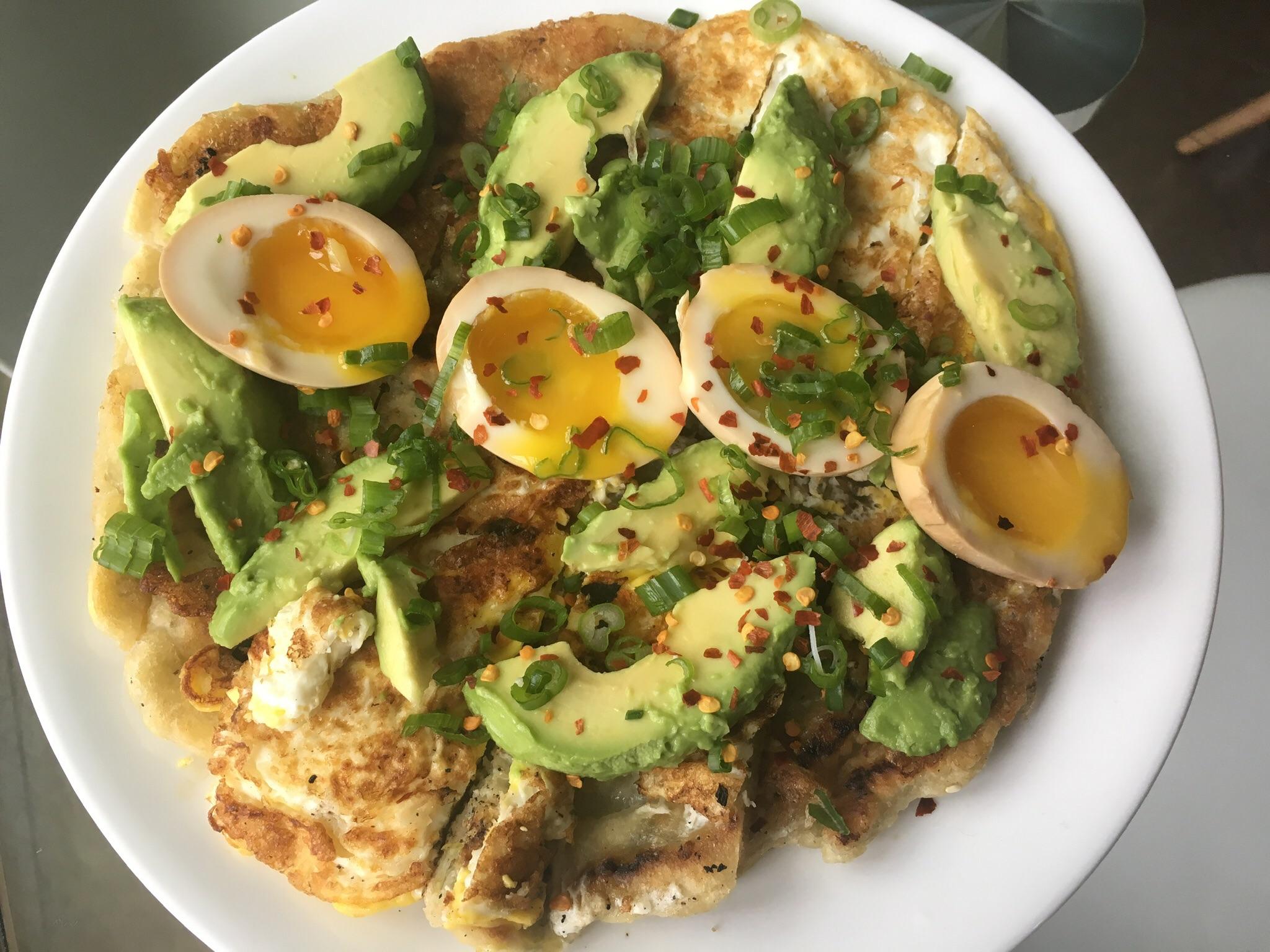 [Homemade] sourdough scallion pancake with avocado and marinated soft