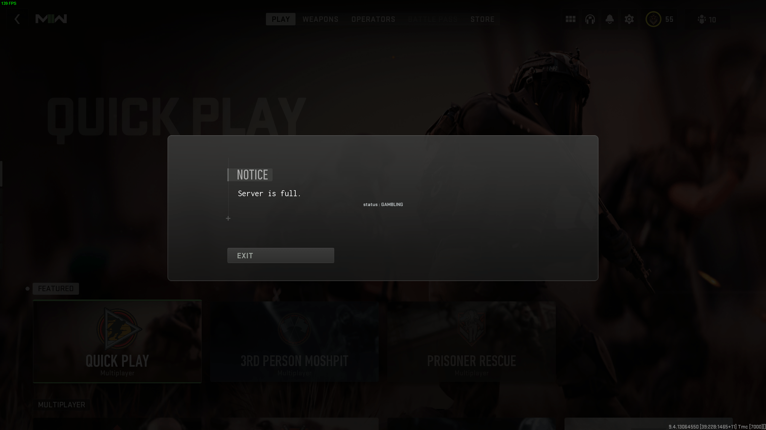 Why do I get this error when trying to join a game? Status gambling