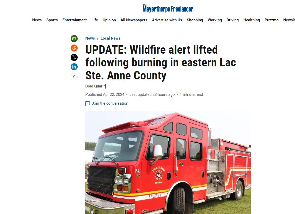 Lac Ste Anne County had first big wildfire of the year r/whitecourtAB
