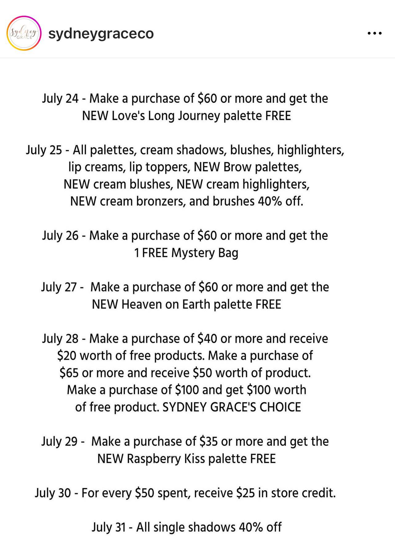 Sydney Grace Christmas in July sale (7/247/31). Different sales