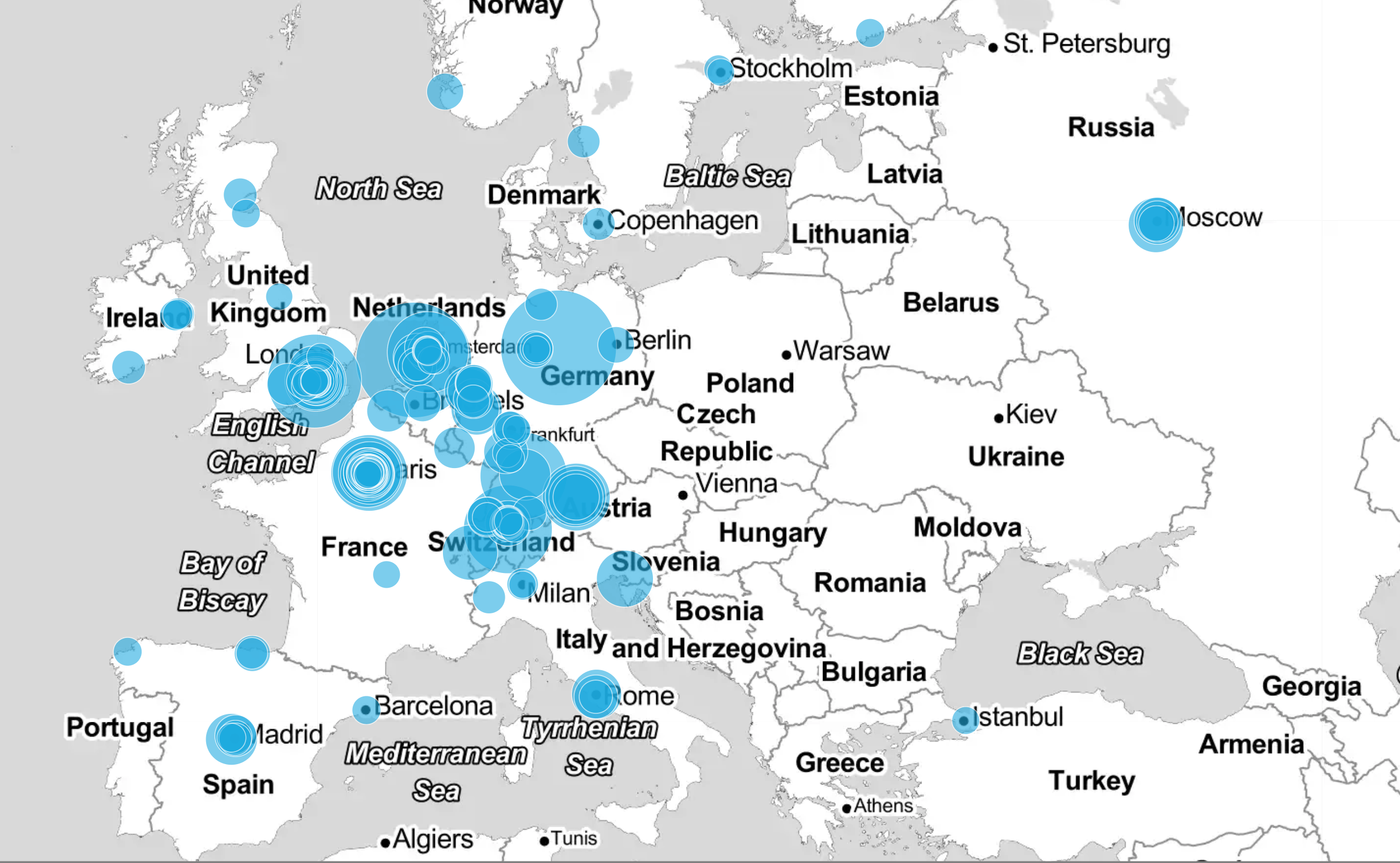 Locations of European companies in the Fortune 500 global 2017 list
