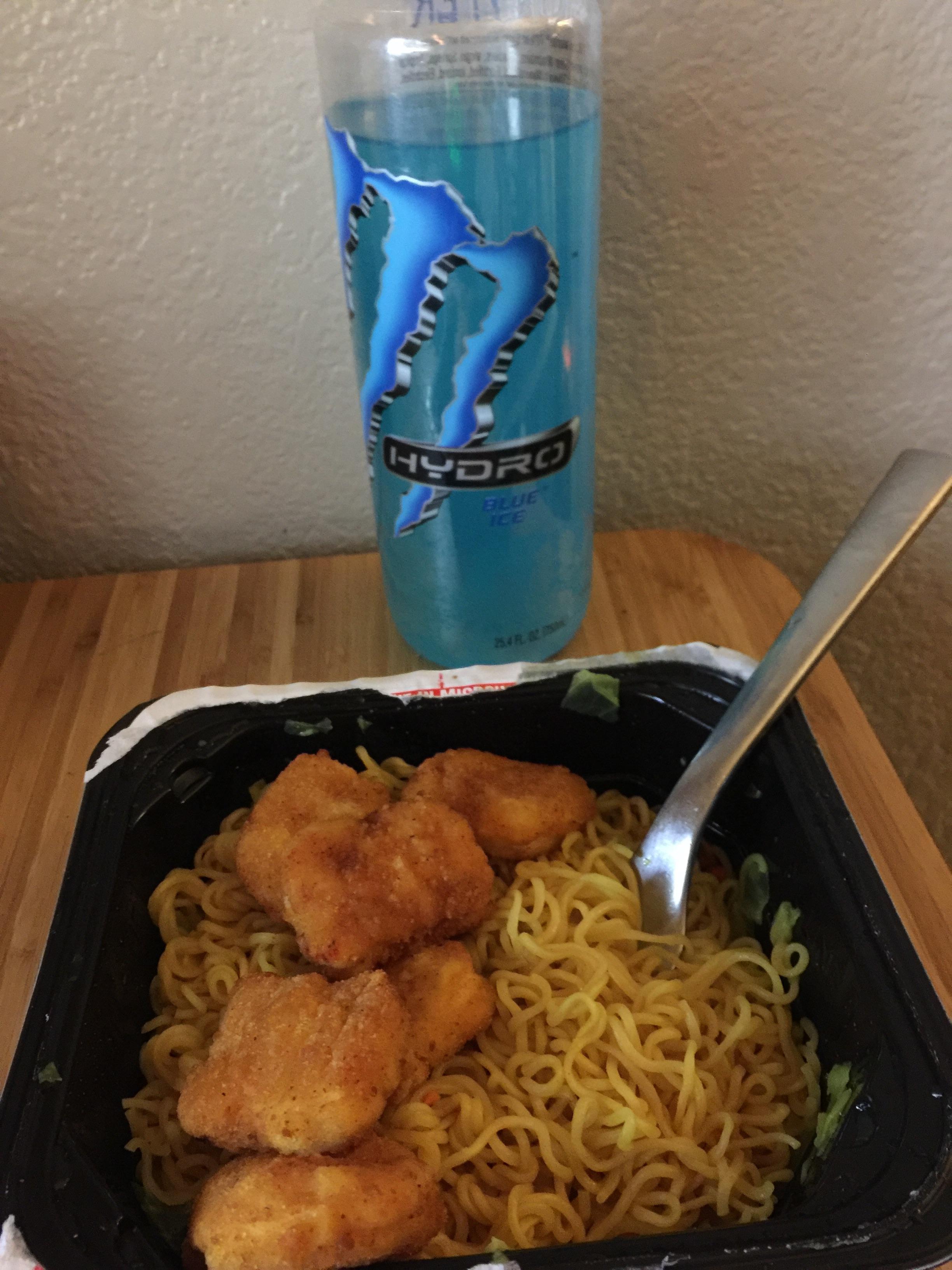 Ramen noodles and a microwaved 6 piece, Monster Hydro to wash it all