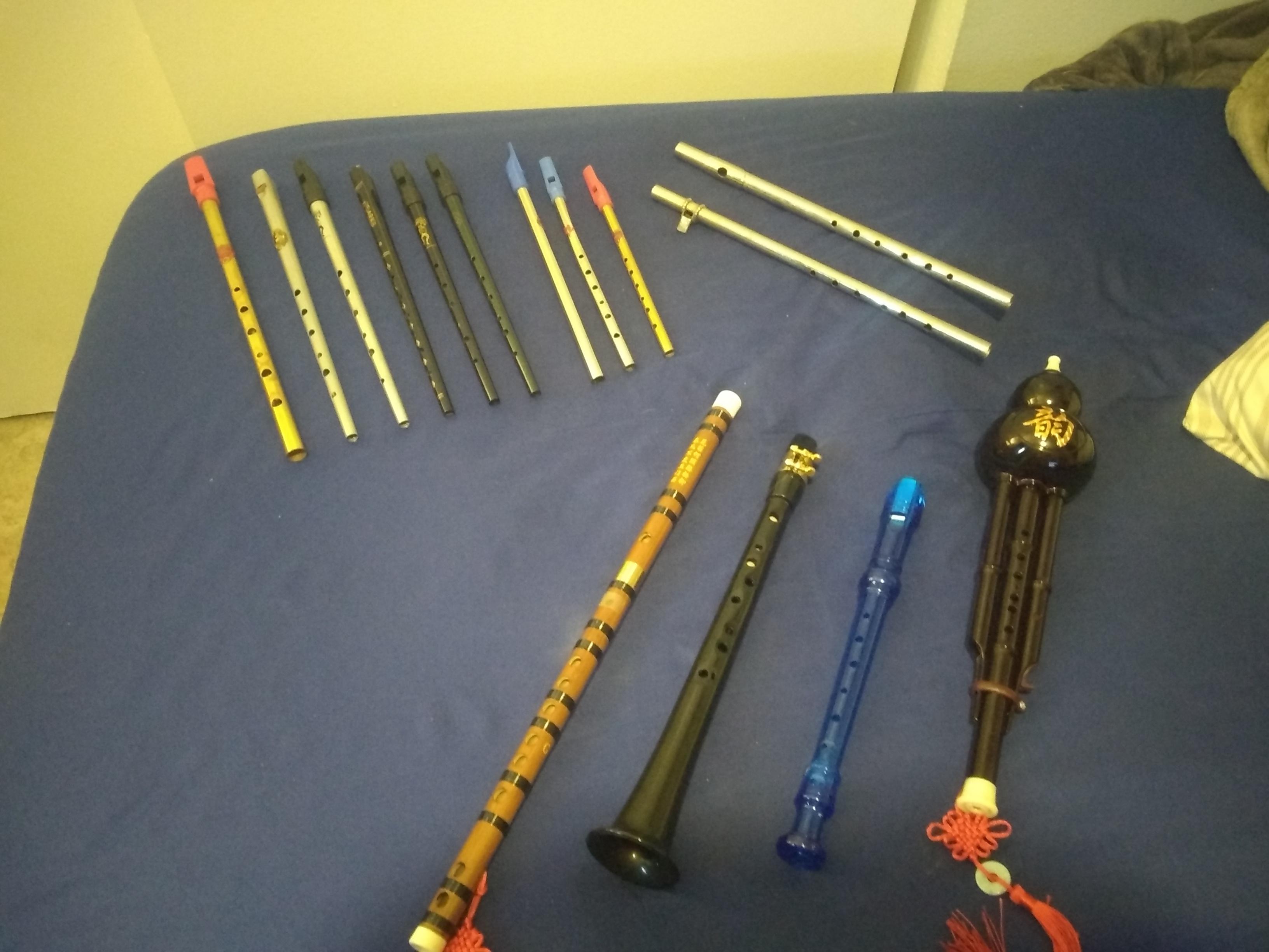 My collection of tin whistles, and similarplaying instruments. r
