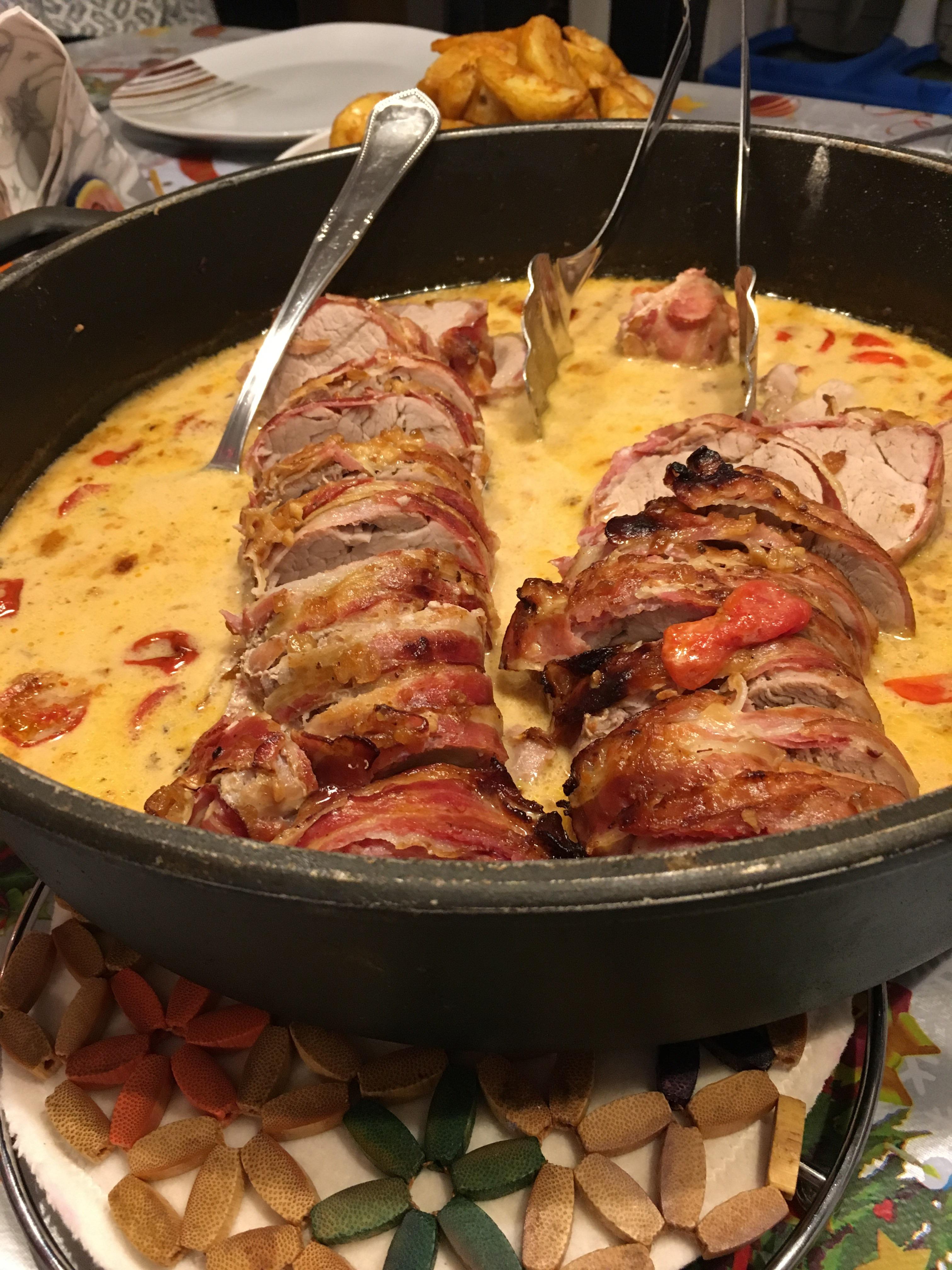[homemade] pork tenderloin wrapped in bacon in white wine sauce. r/food