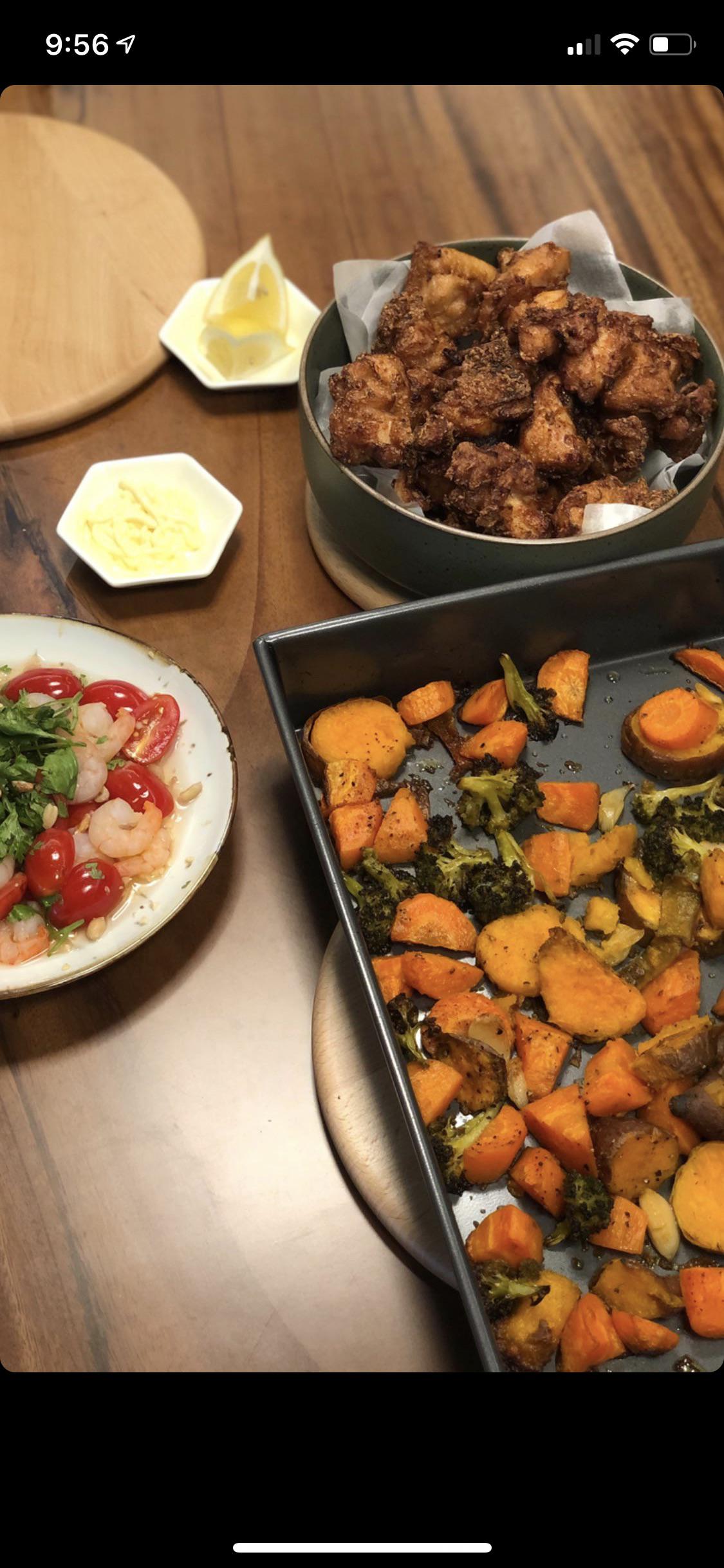 [homemade] Thai Shrimp Salad Roast vegetables Karaage aka Japanese