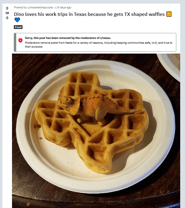 Texas Shaped Waffle with toy dinosaur (removed by /r/Texas mod) "Dino
