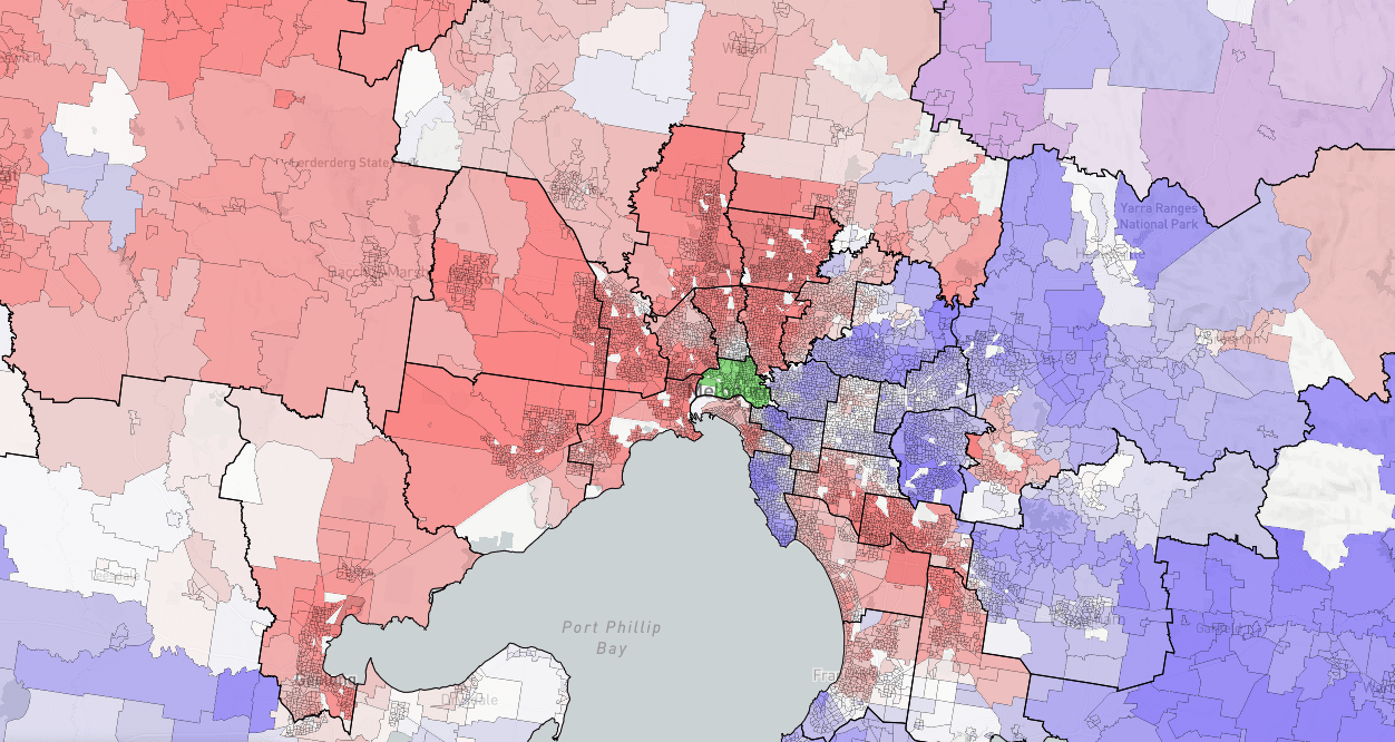 A Detailed map of Melbourne at 2019 election from r