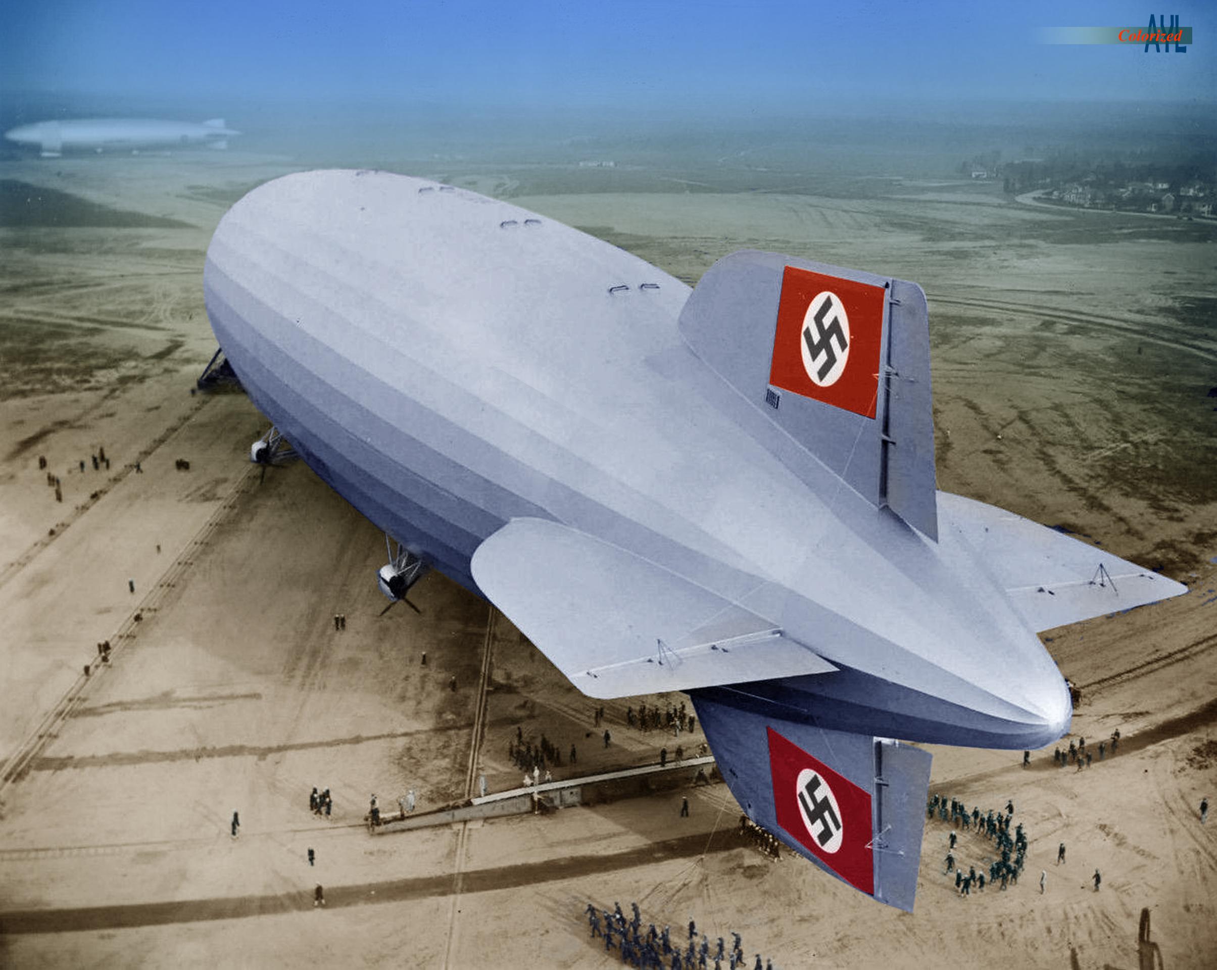 The LZ129 Hindenburg at Lakehurst Naval Air Station in 1936, colorized