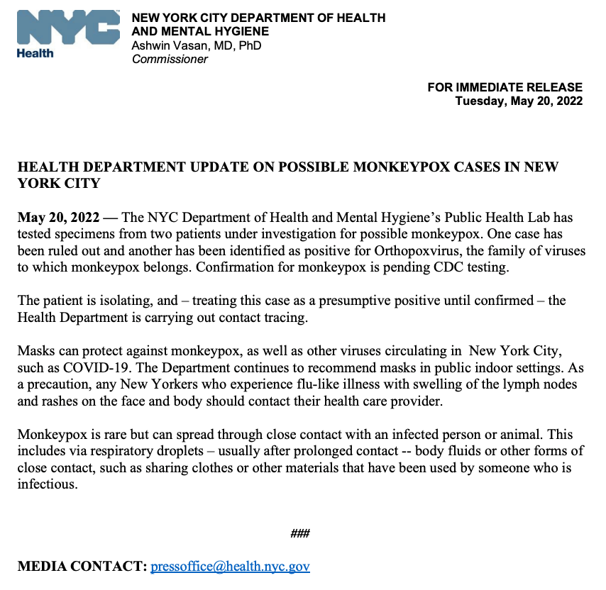 Monkeypox NYC DoH Issues Guidance + Update r/PrepperIntel