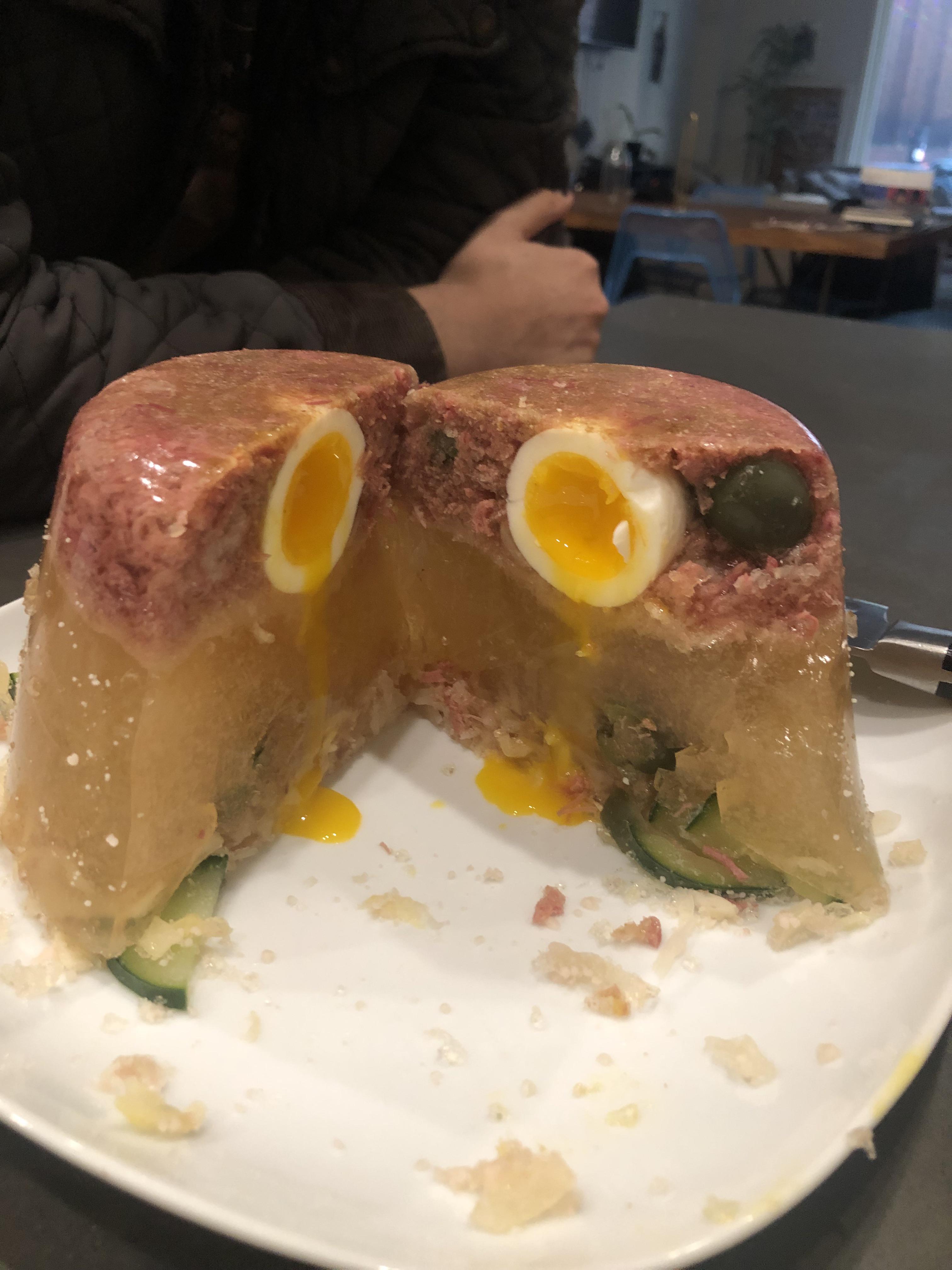 canned corned beef and (perfectly cooked) egg with cabbage and cucumber