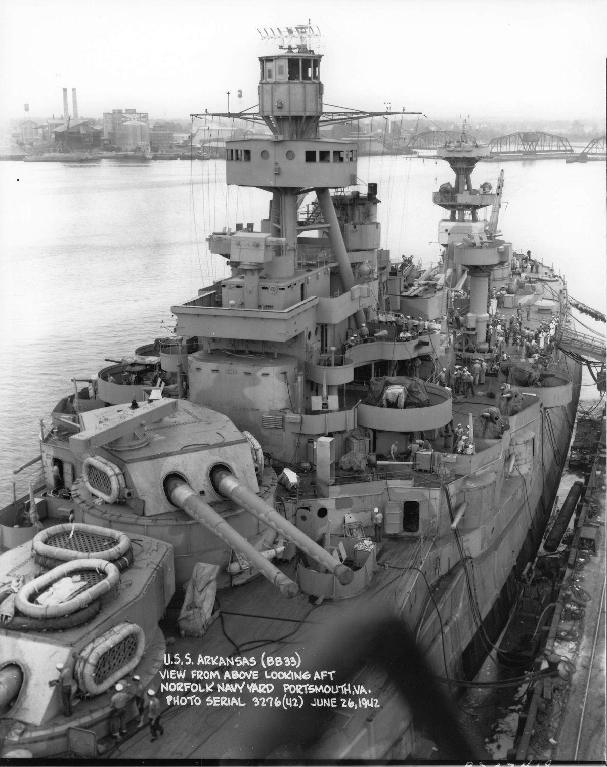 USS Arkansas (BB33) at the Norfolk Navy Yard, June 26 1942 (1200x1516