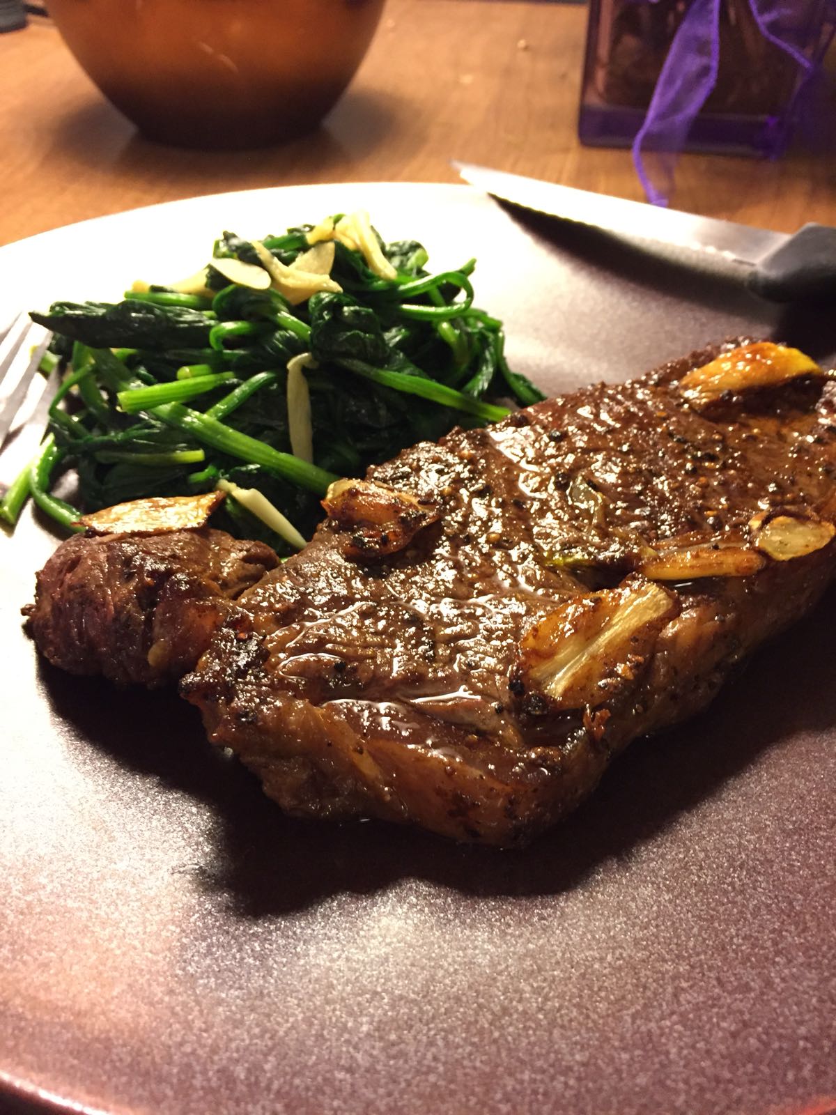[Homemade] Pan Fried Strip Loin Steak w/ Spinach food