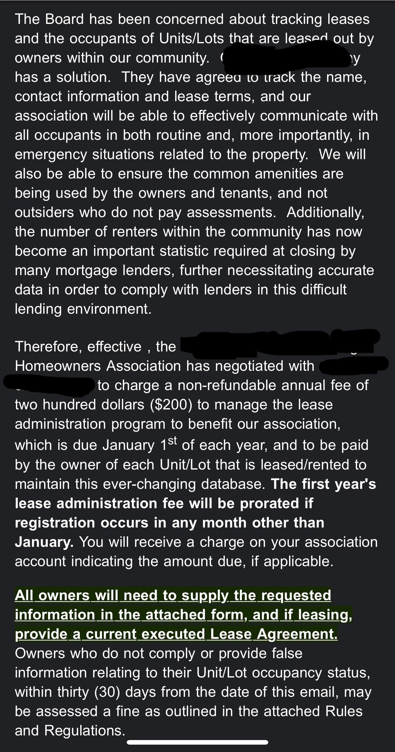 Can my HOA require that I share a copy of my tenant lease and charge