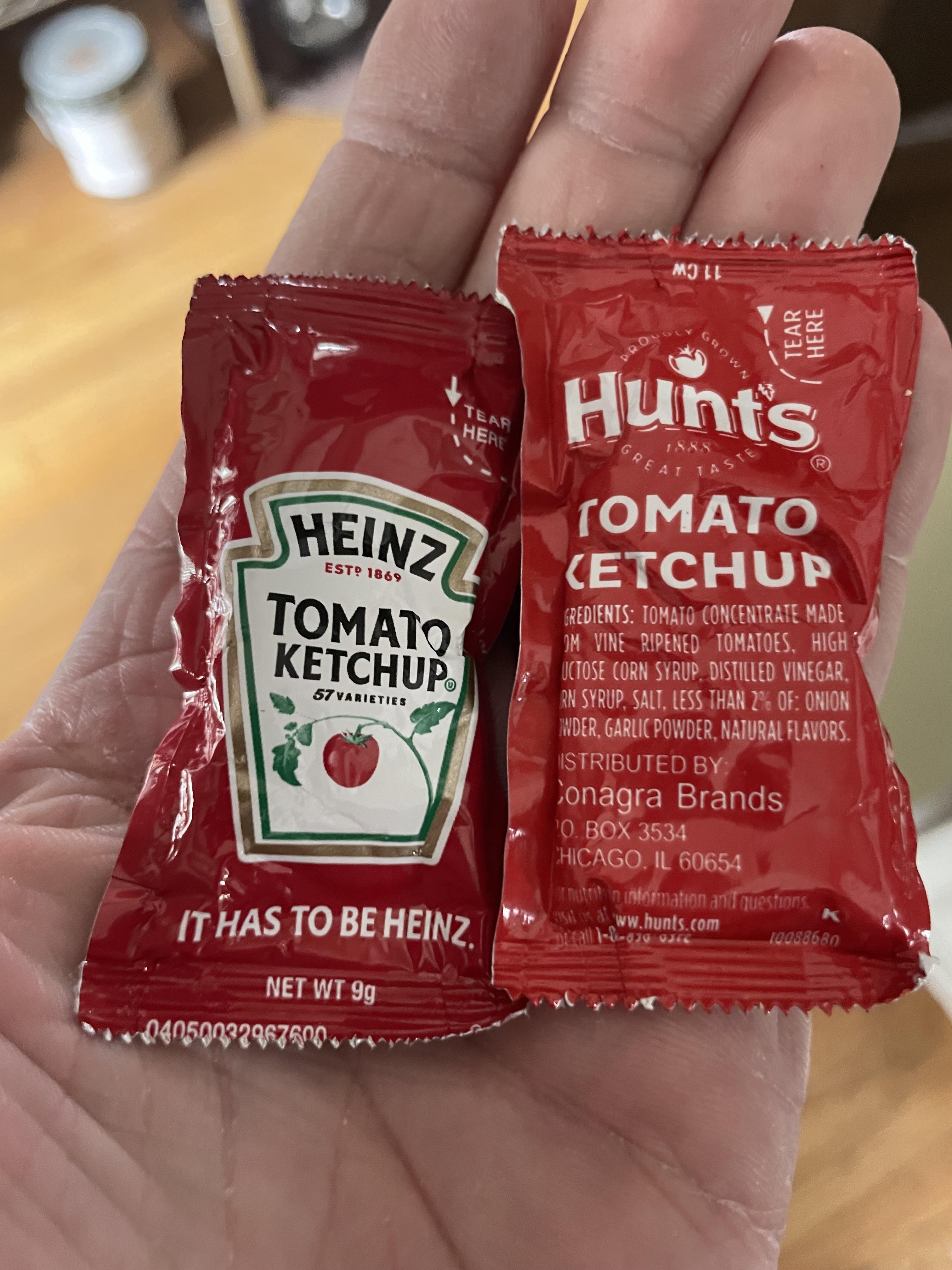 I got Heinz and Hunt’s ketchup in my take home order for lunch