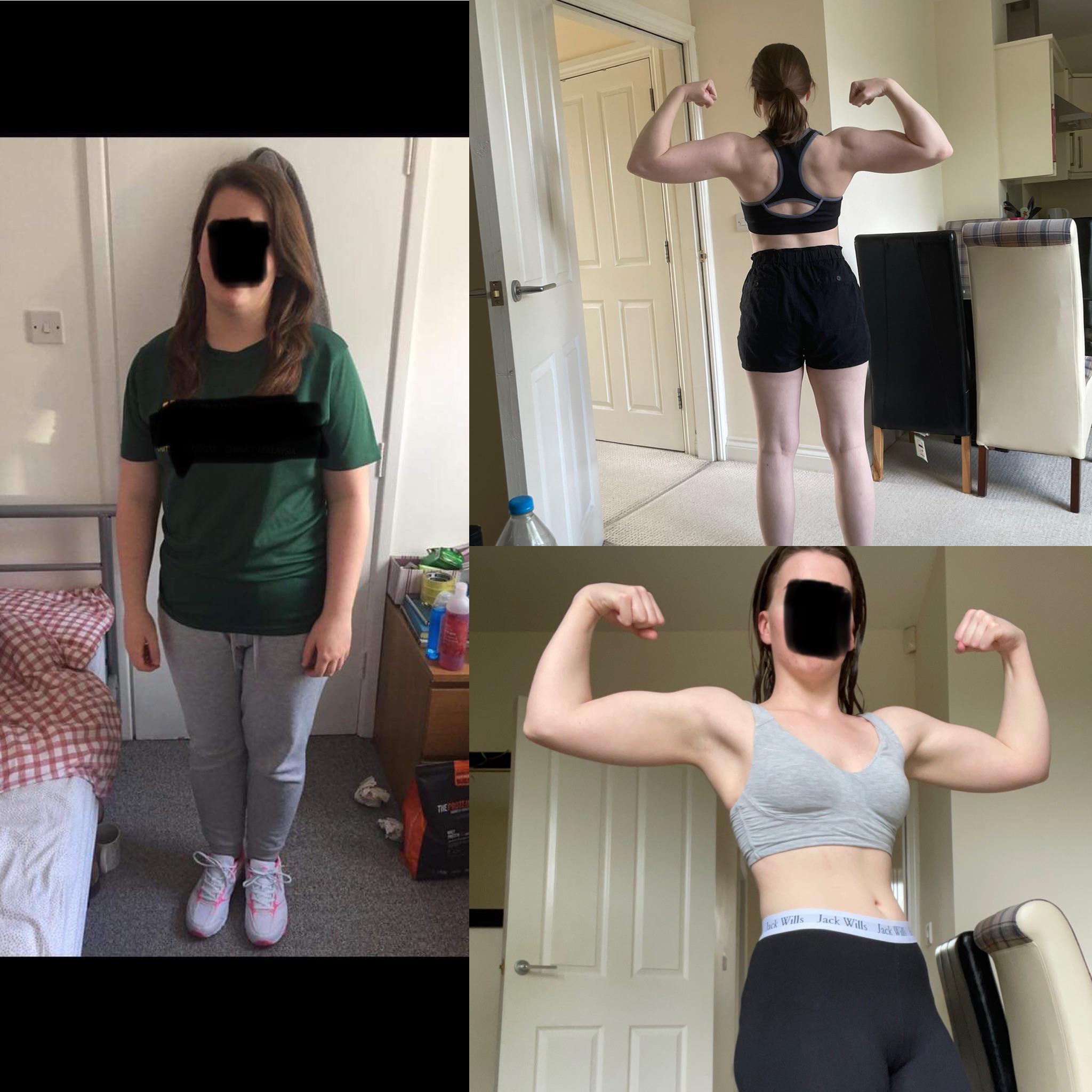 F/24/5’4” [180lbs > 136lbs = 44lbs] Weight loss/muscle gain progress