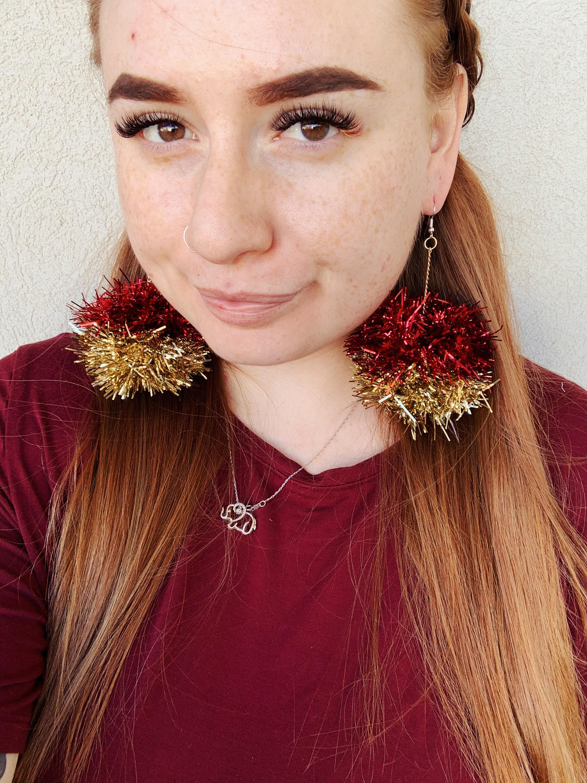 Tinsel pompom earrings I made out of Christmas garland! Making holiday
