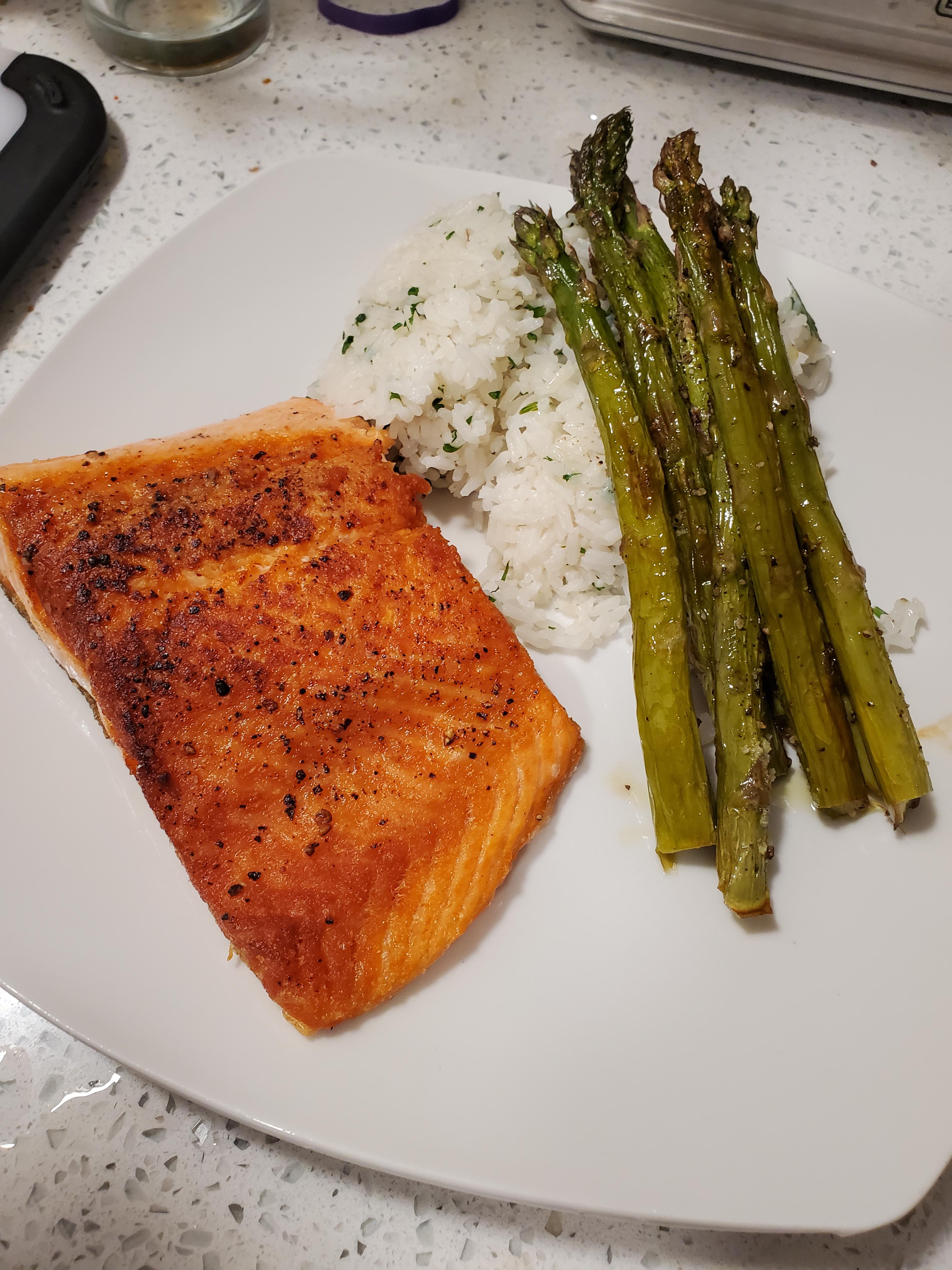 Pan Fried Steelhead Trout, Cilantro Lime Rice, and Roasted Asparagus