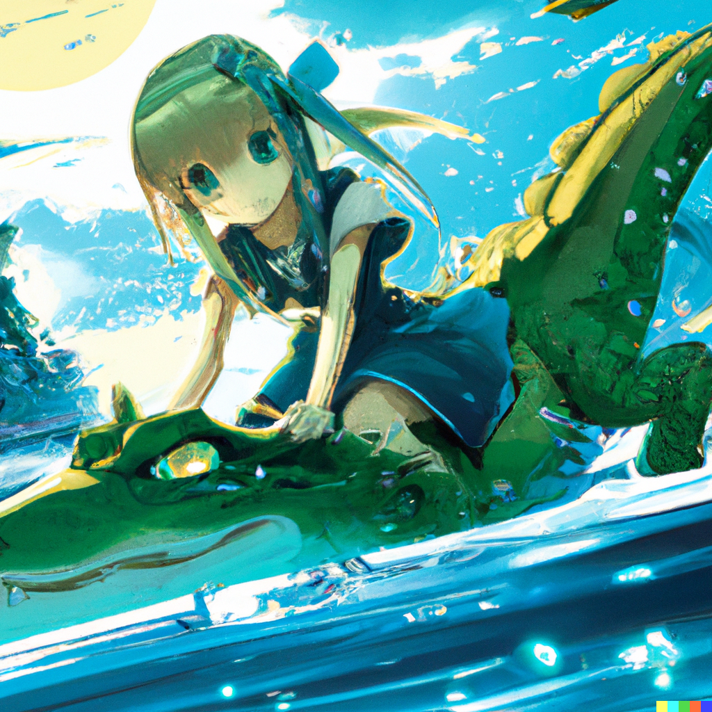 anime girl riding on the back of an alligator r/dalle2