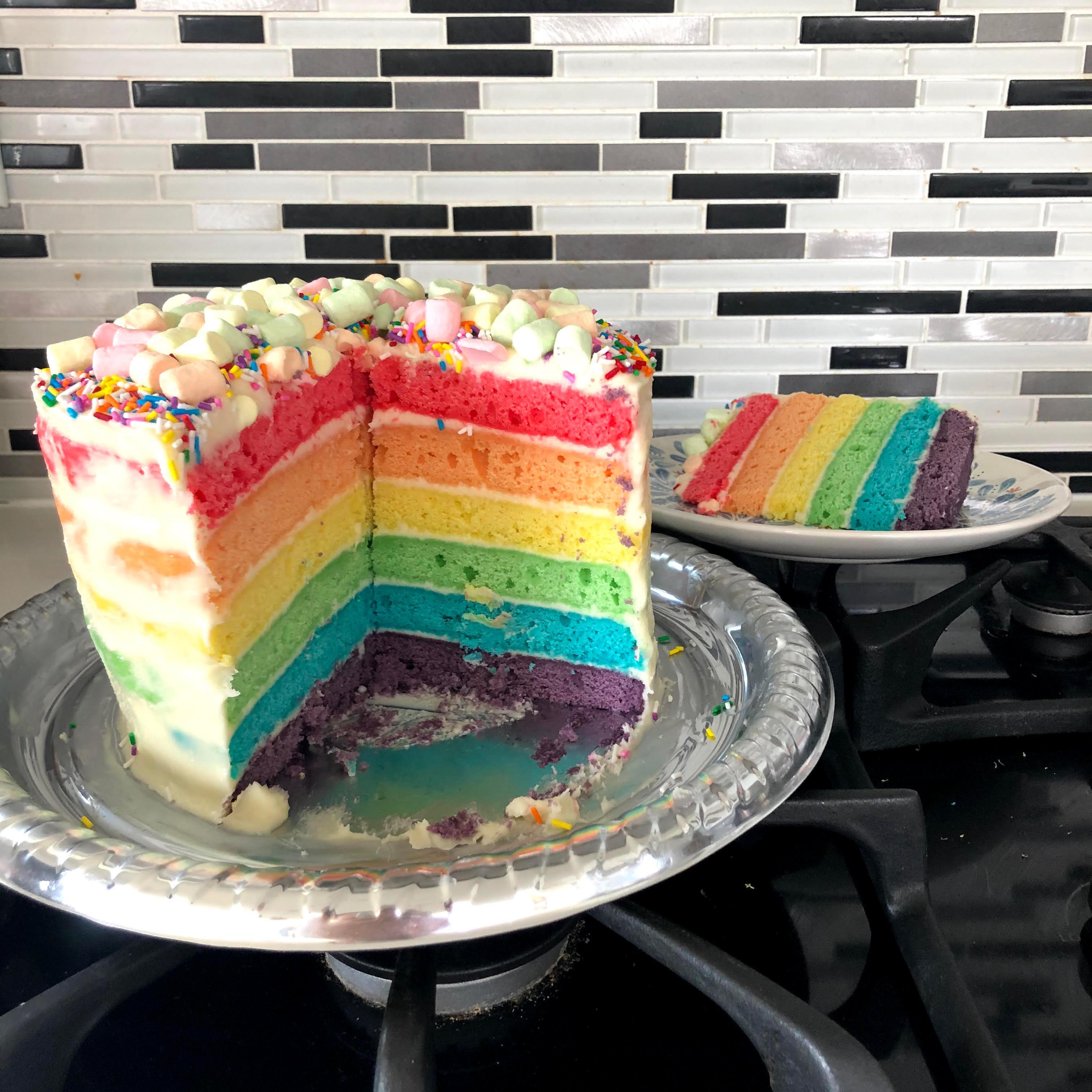 [homemade] rainbow cake with cream cheese frosting