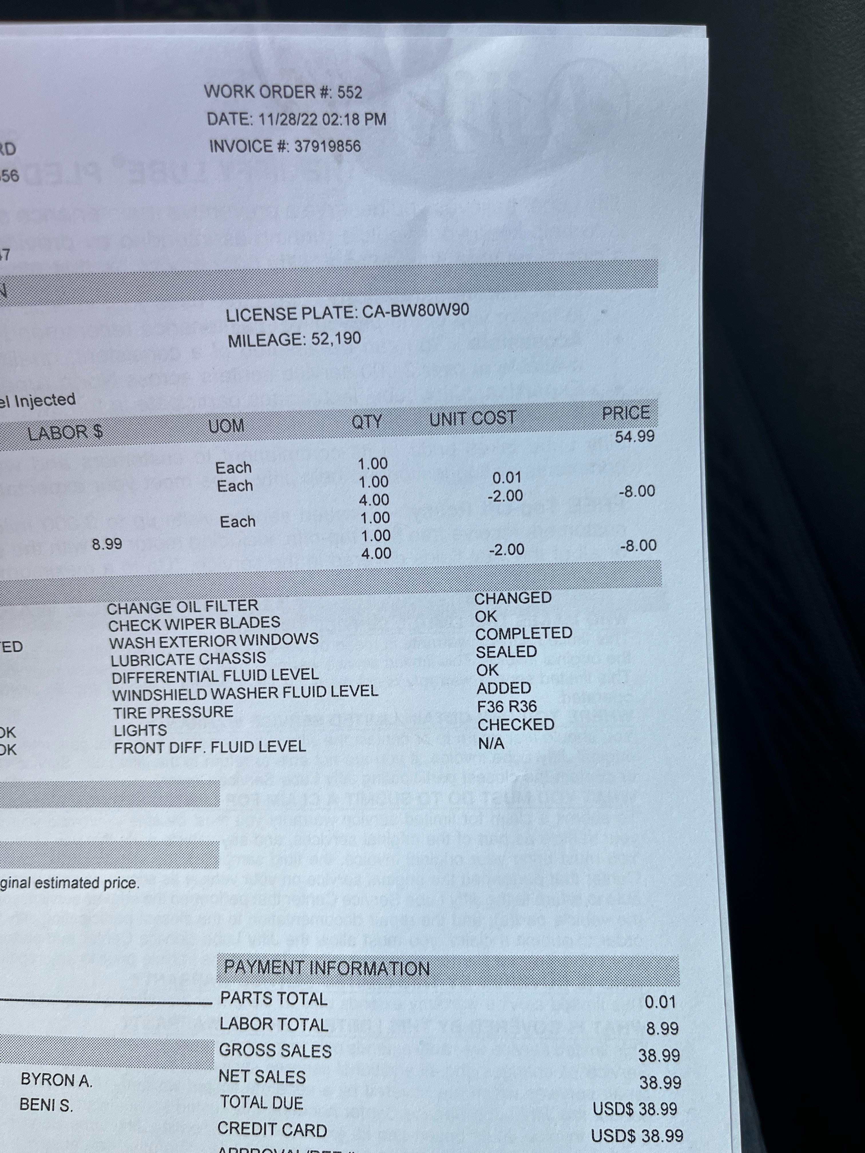 Went to Jiffy Lube to get an oil change today, brought my own oil and