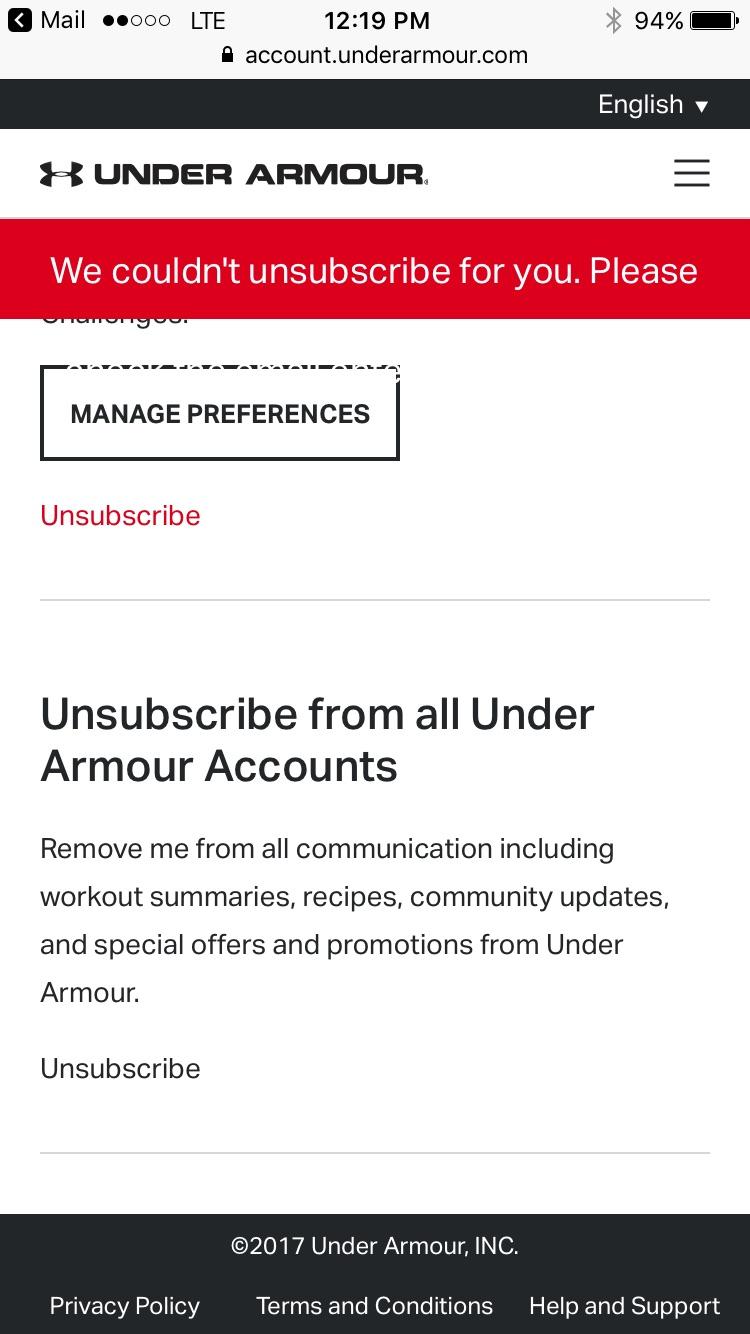 Under Armor won't let you unsubscribe to their stupid emails after