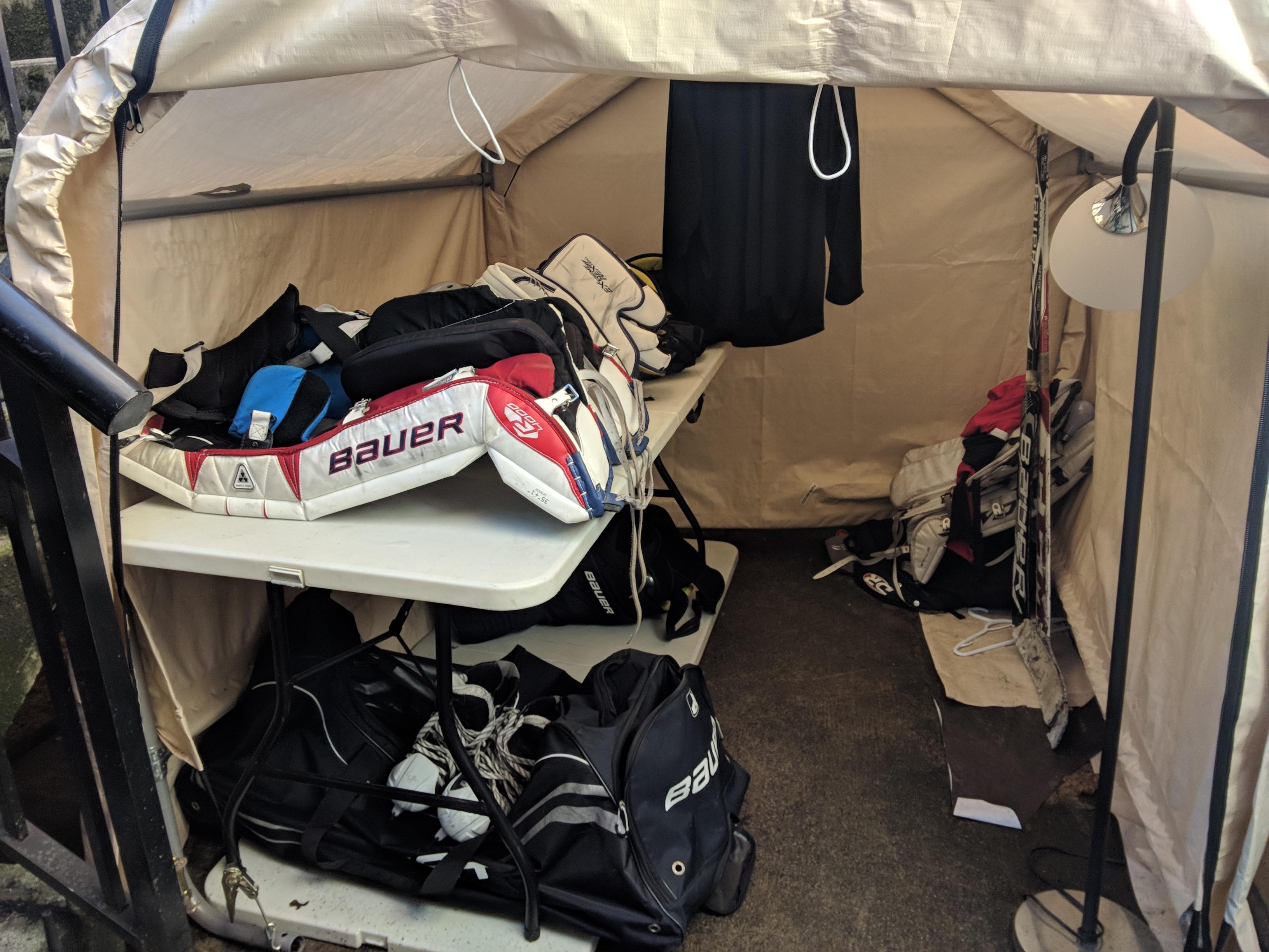 How do you store your gear? This is my hockey hut! r/hockeygoalies