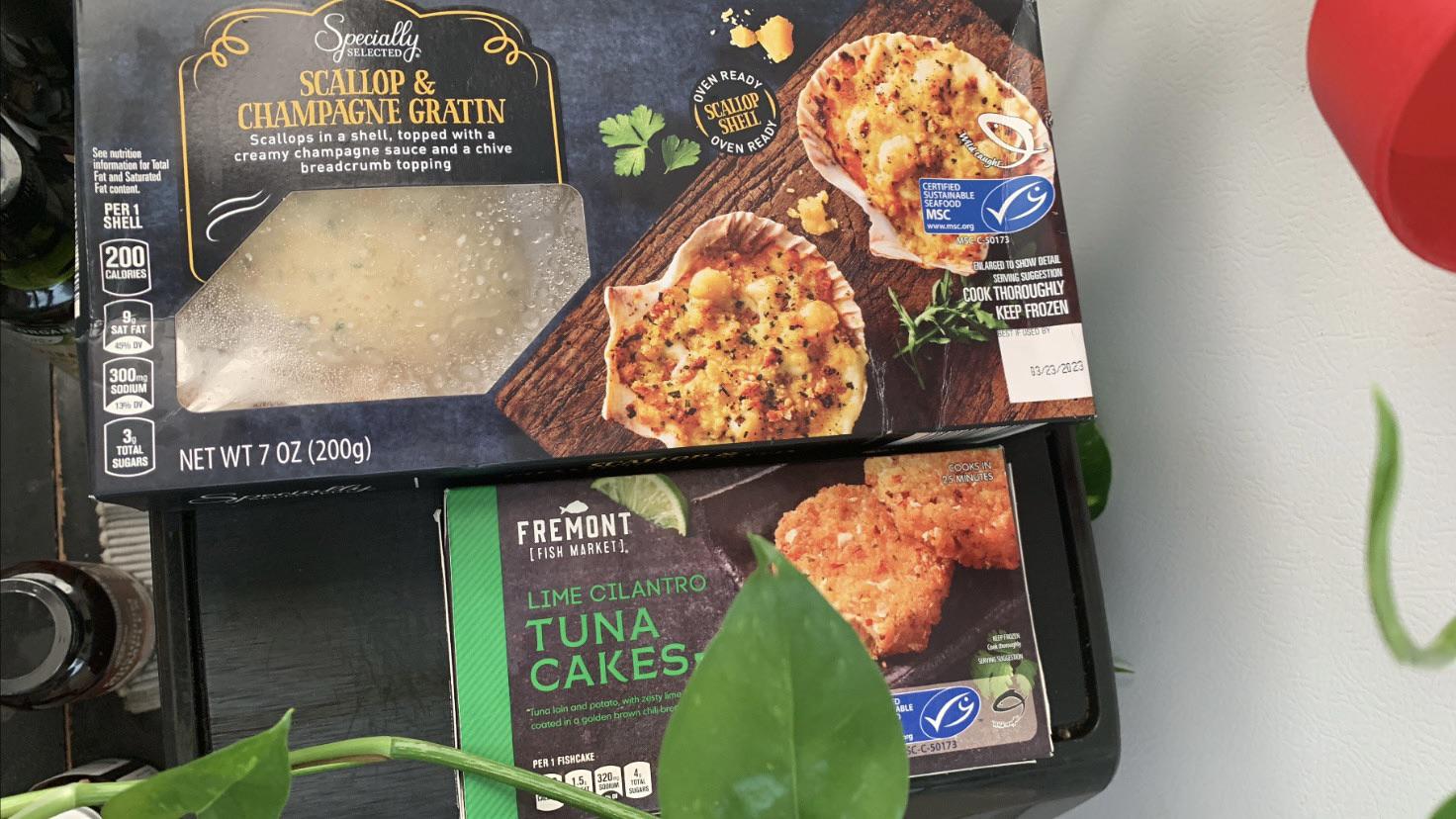 Scallop & Champagne Gratin + Lime Cilantro Tuna Cakes! Got these today