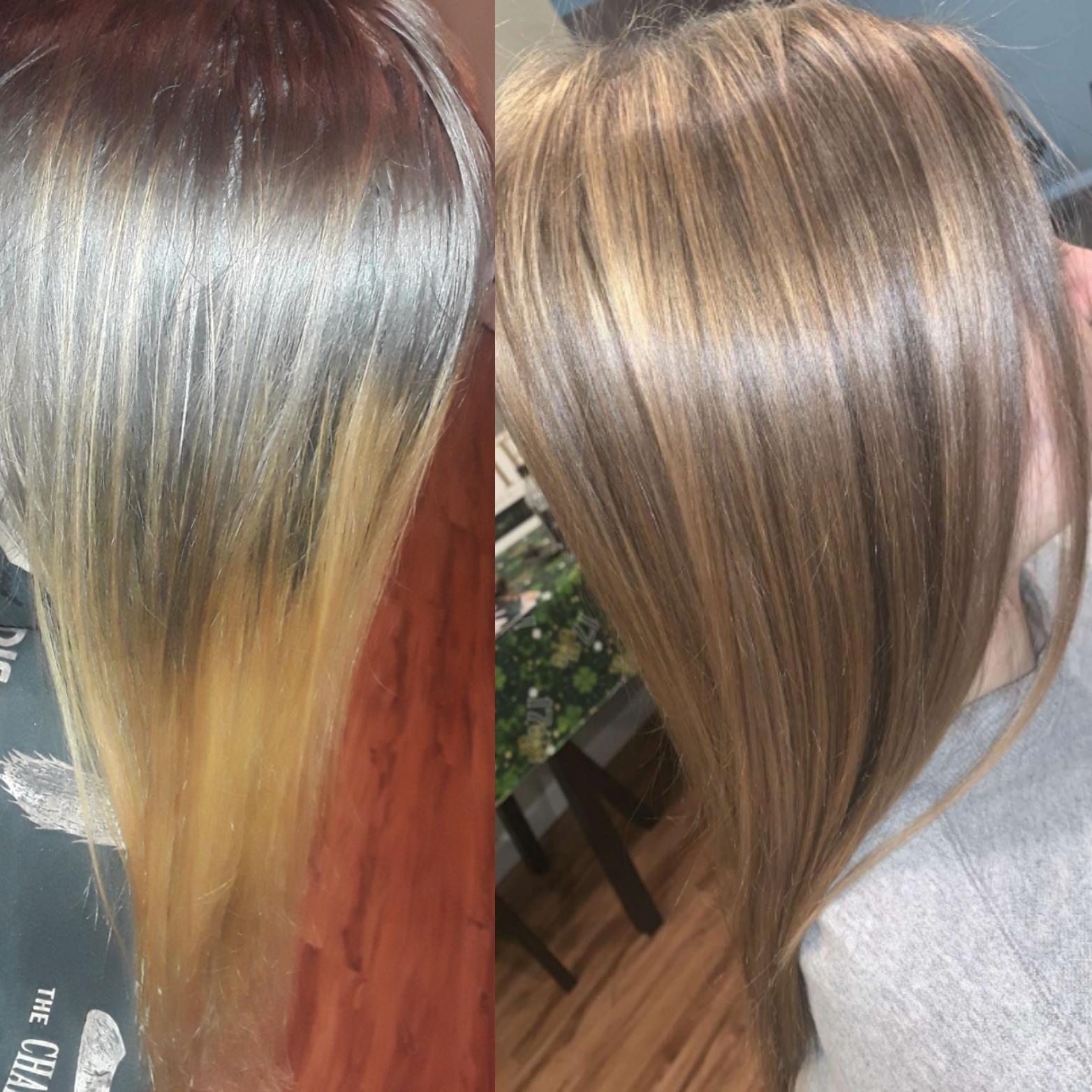 Took my girl from a steppy, uneven, brassy balayage to more blended allover beigeblonde